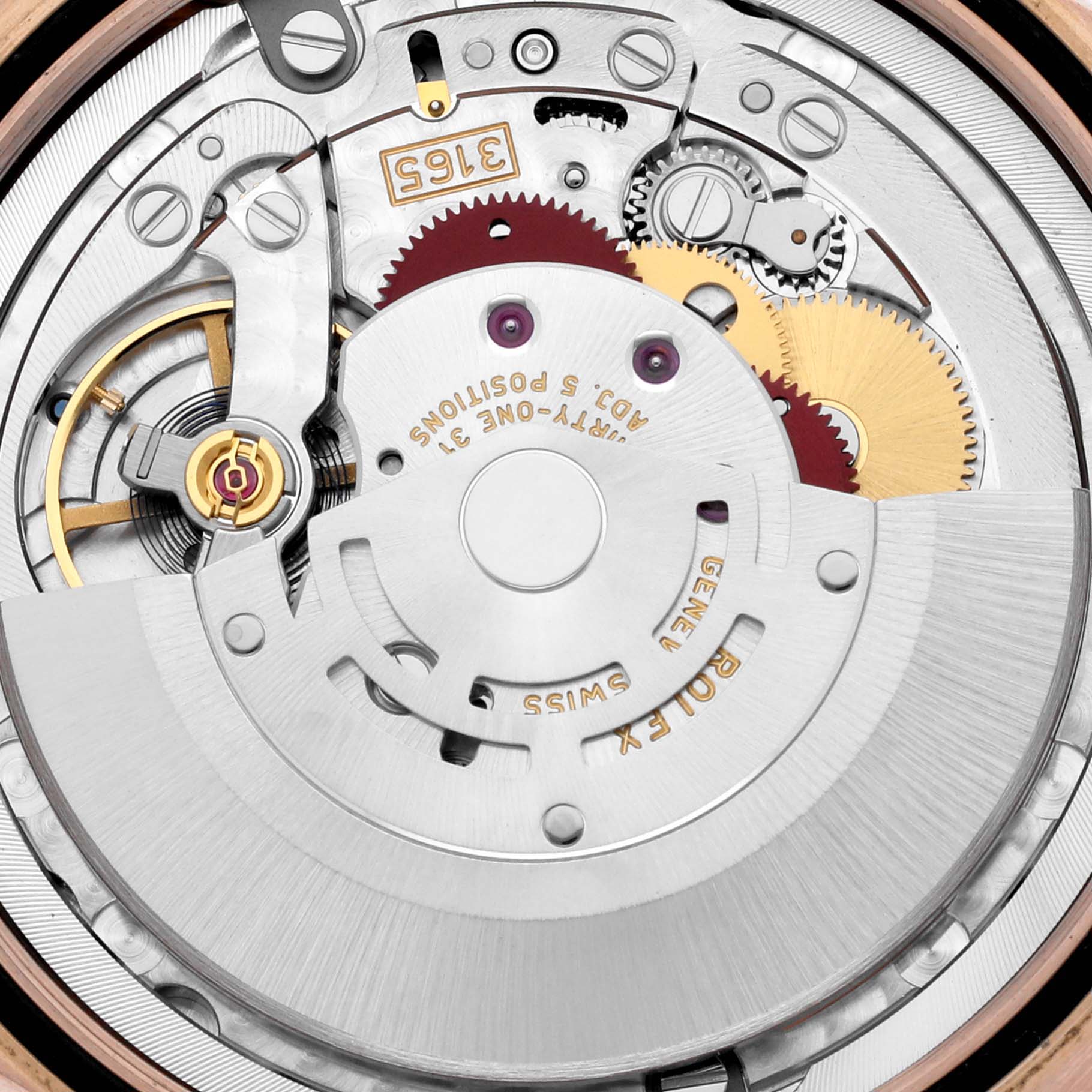 This image shows the movement mechanism of a Rolex Cellini 50515 Men's Rose Gold Silver Dial 50515 Men's Rose Gold Silver Dial model watch, viewed from the back.