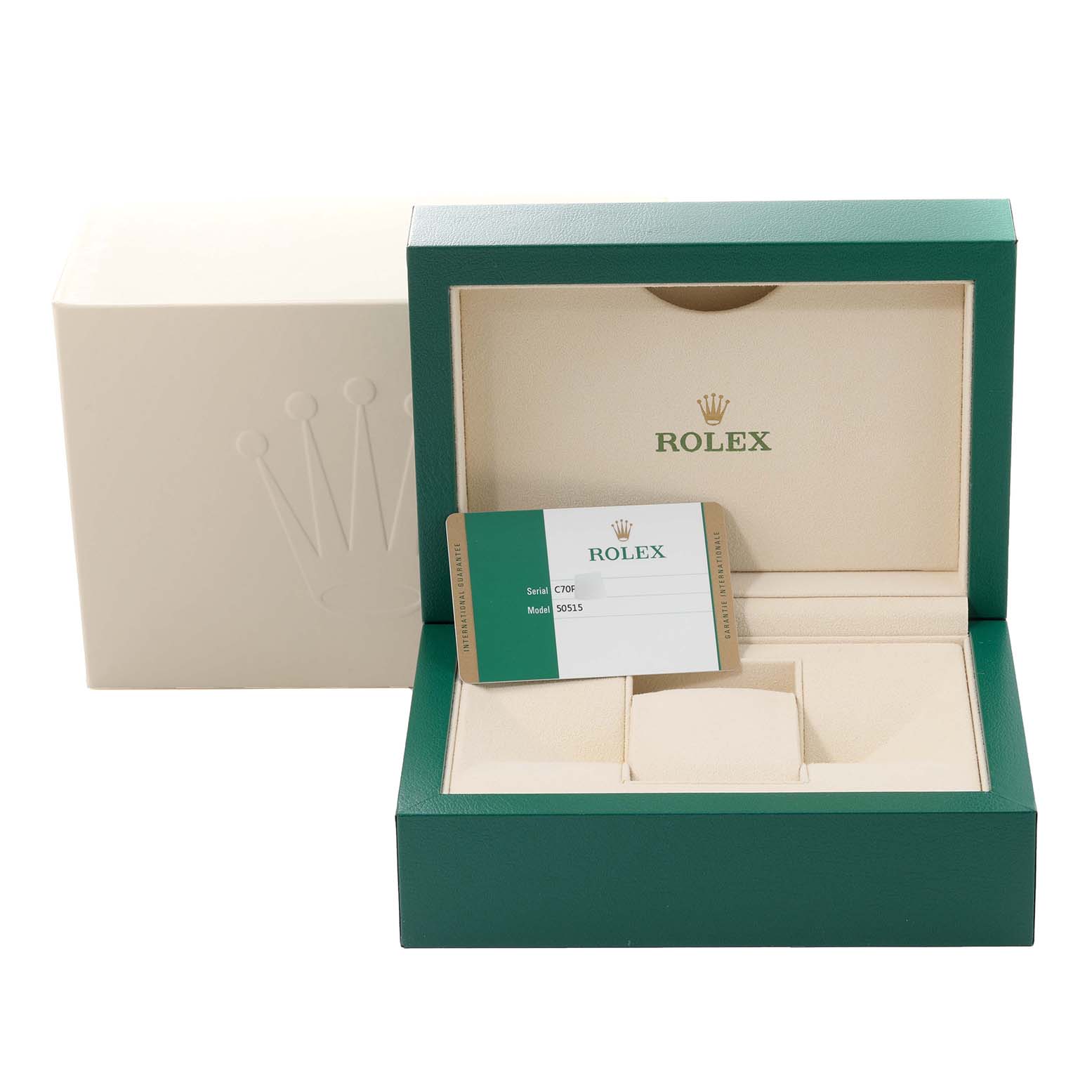This image shows the opened green-and-cream box of a Rolex Cellini 50515 Men's Rose Gold Silver Dial 50515 Men's Rose Gold Silver Dial model, with a warranty card placed inside.