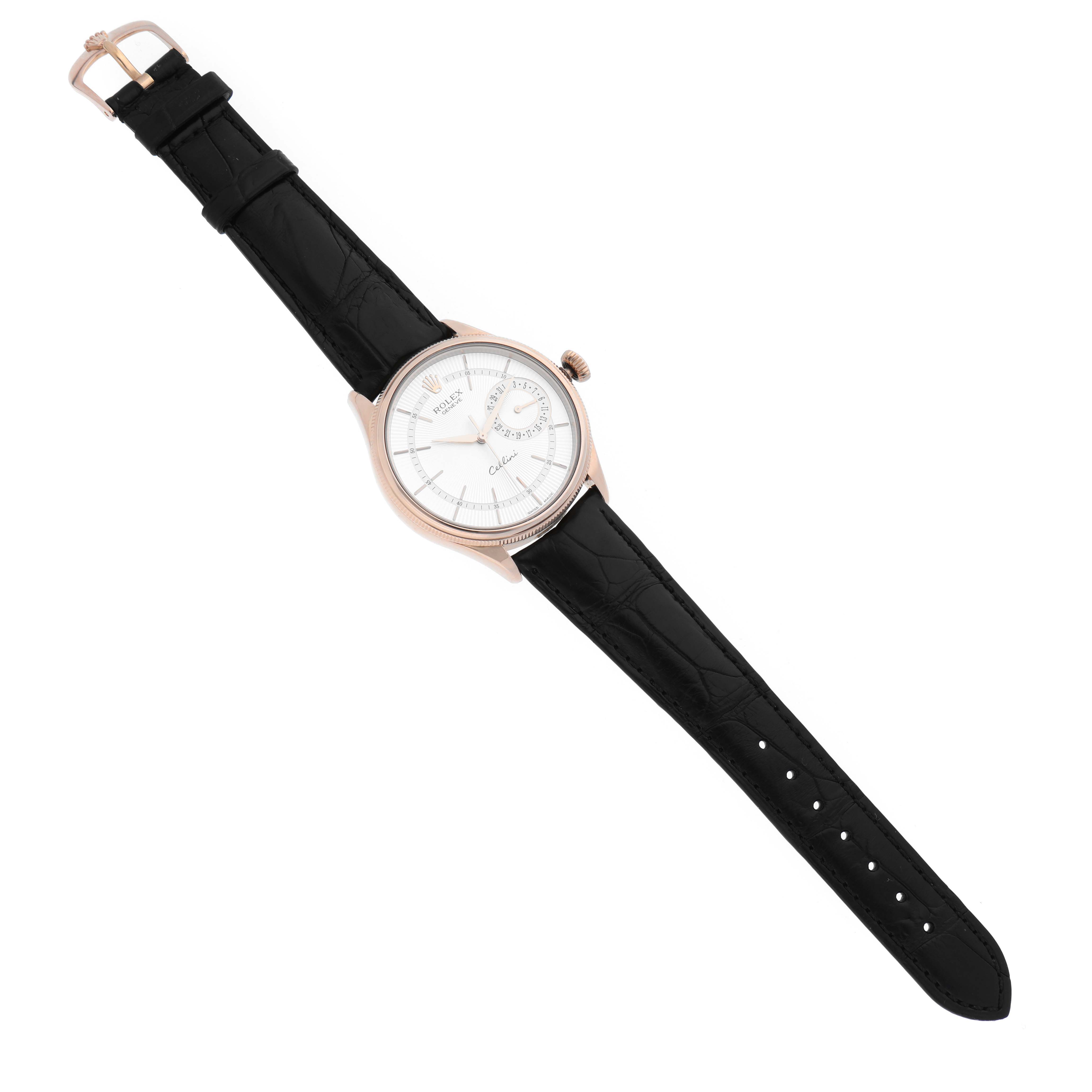 The image shows a Rolex Cellini 50515 Men's Rose Gold Silver Dial 50515 Men's Rose Gold Silver Dial watch at an overhead angle, displaying its entire face, bezel, crown, and leather strap.