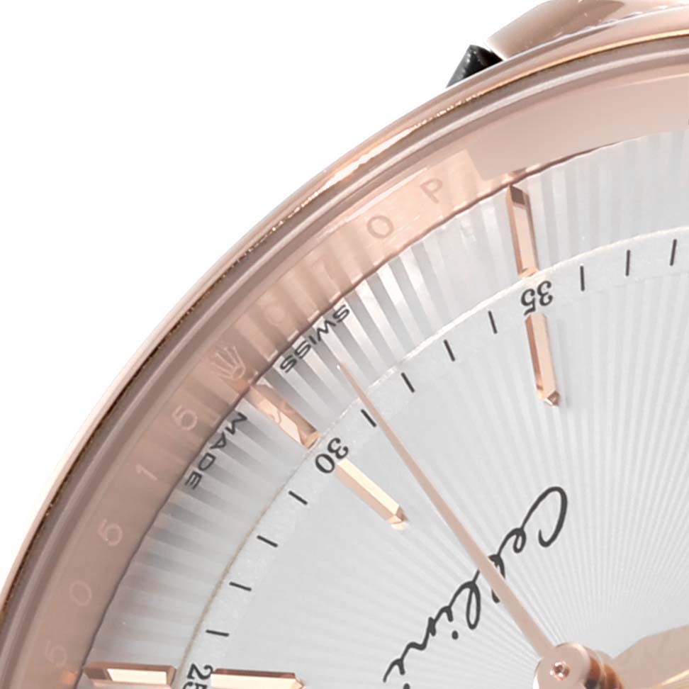 This image shows an angled close-up of the dial and bezel of a Rolex Cellini 50515 Men's Rose Gold Silver Dial 50515 Men's Rose Gold Silver Dial watch, displaying part of the brand name and some markers.