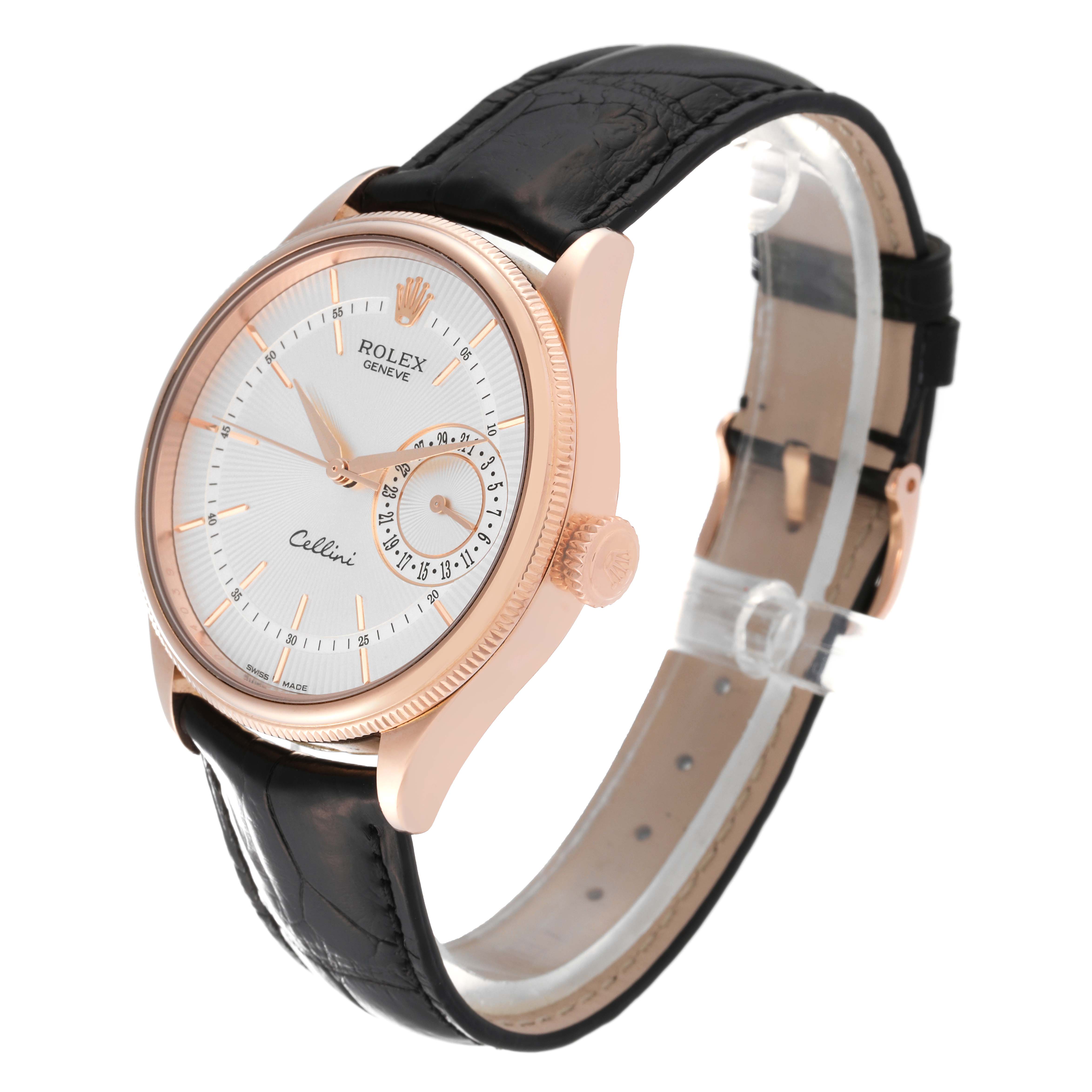 The Rolex Cellini 50515 Men's Rose Gold Silver Dial 50515 Men's Rose Gold Silver Dial watch is shown at a three-quarter angle, highlighting its face, crown, and black leather strap.