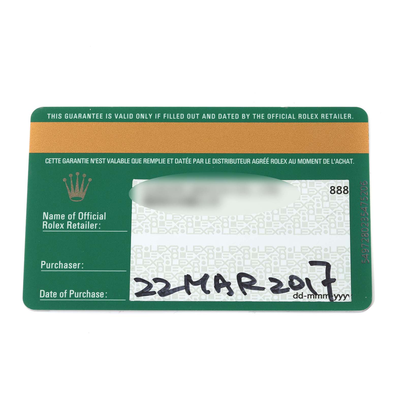 This image shows a warranty card for the Rolex Cellini 50515 Men's Rose Gold Silver Dial 50515 Men's Rose Gold Silver Dial watch with details of the purchaser and date of purchase.