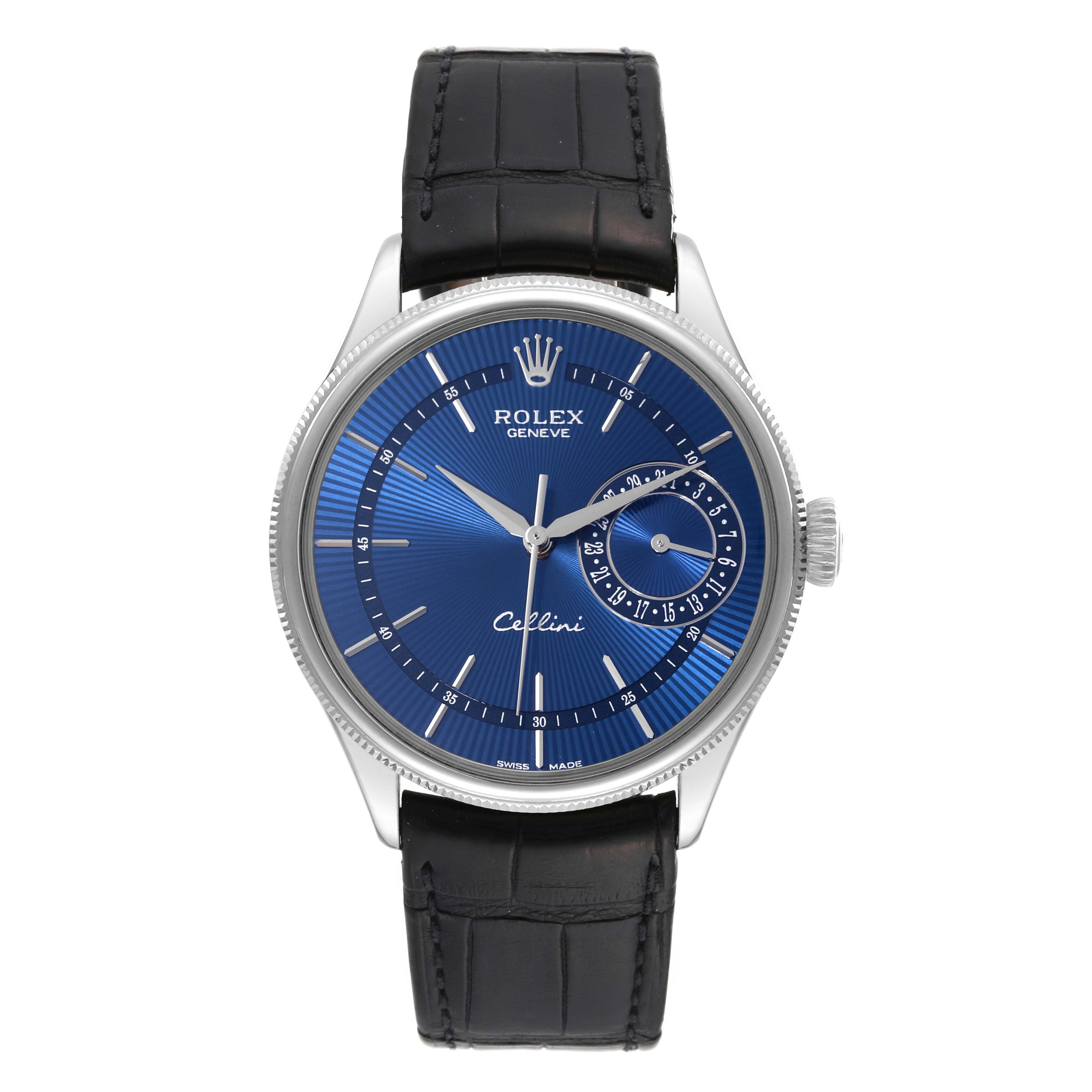 This image shows a front view of the Rolex Cellini 50519 Men
s White Gold Blue Dial 50519 Men
s White Gold Blue Dial watch with a blue dial and black leather strap.