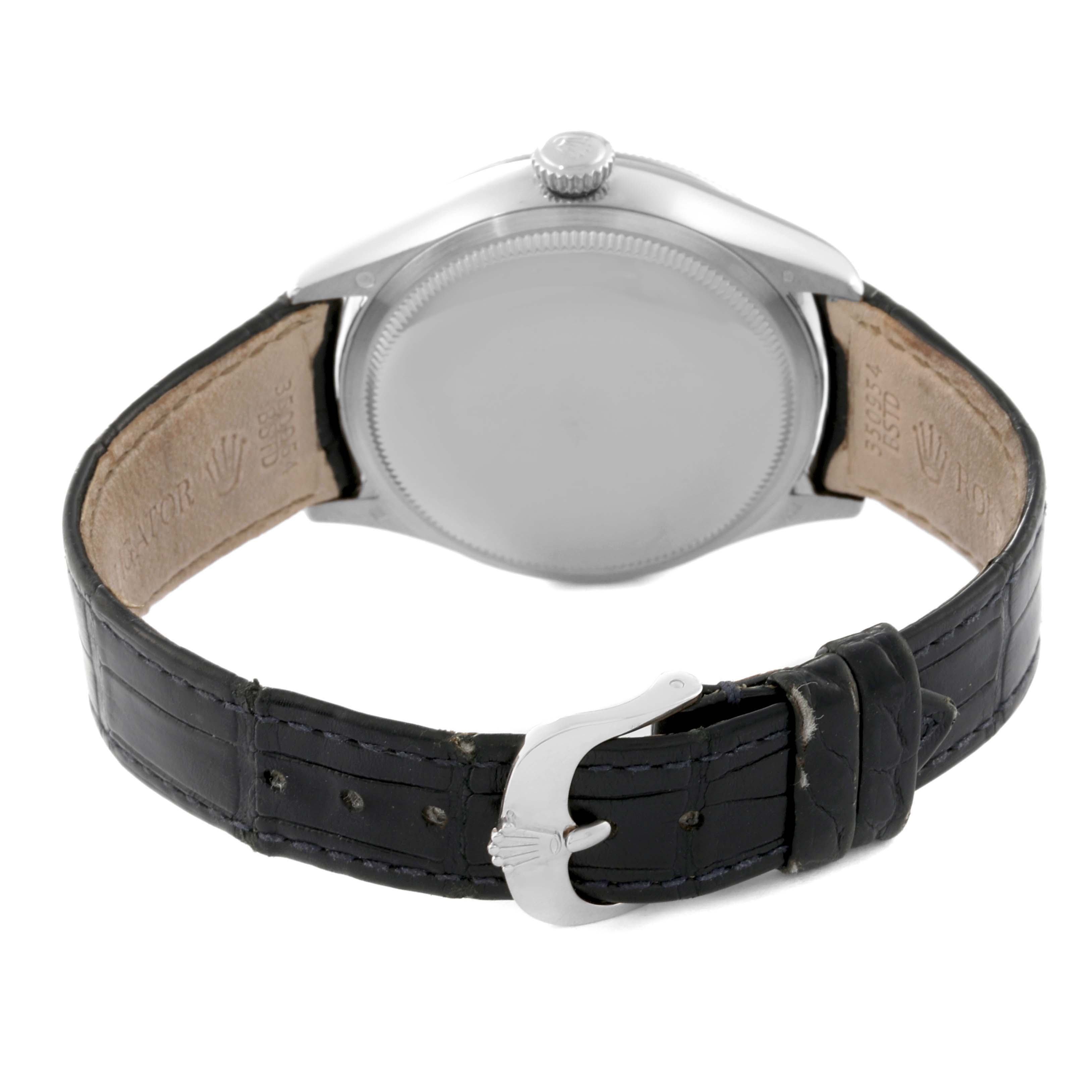 This image shows the back case and leather strap of the Rolex Cellini 50519 Men
s White Gold Blue Dial 50519 Men
s White Gold Blue Dial watch from a rear angle.