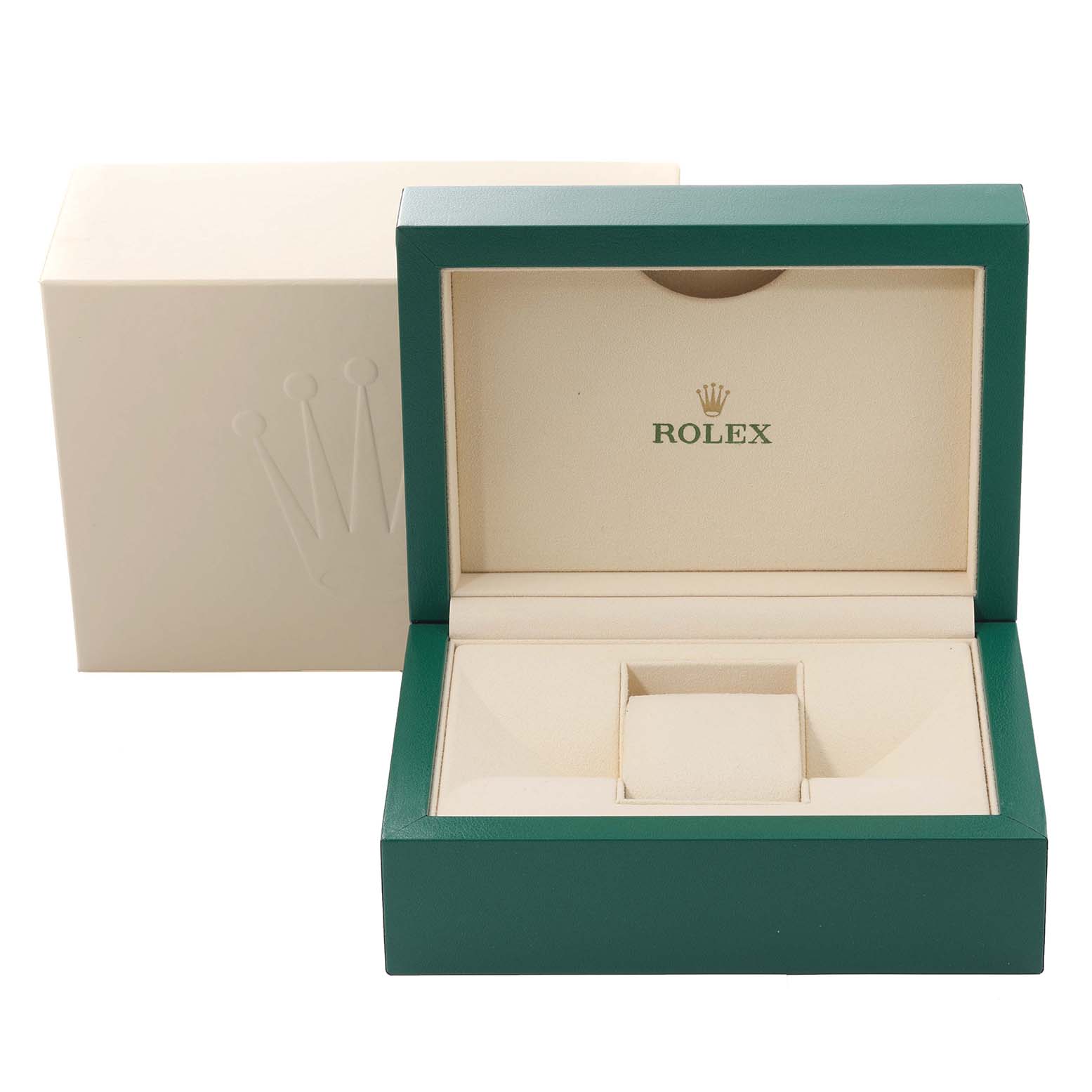 The image shows an open Rolex Cellini 50519 Men
s White Gold Blue Dial 50519 Men
s White Gold Blue Dial watch box, featuring its green exterior and cream interior with the Rolex logo.