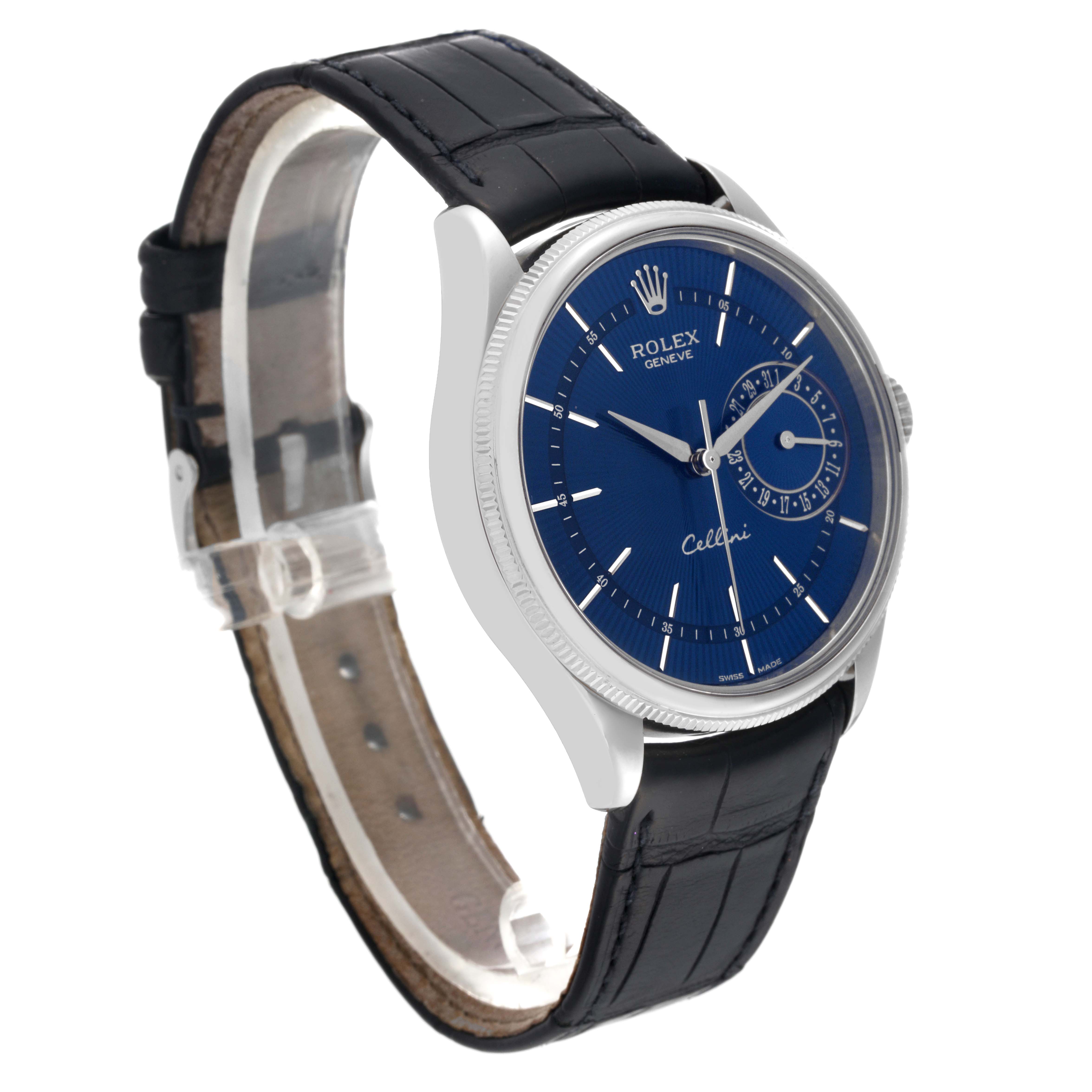 The Rolex Cellini 50519 Men
s White Gold Blue Dial 50519 Men
s White Gold Blue Dial watch is shown from a 3/4 front angle, displaying the face, bezel, and leather strap.