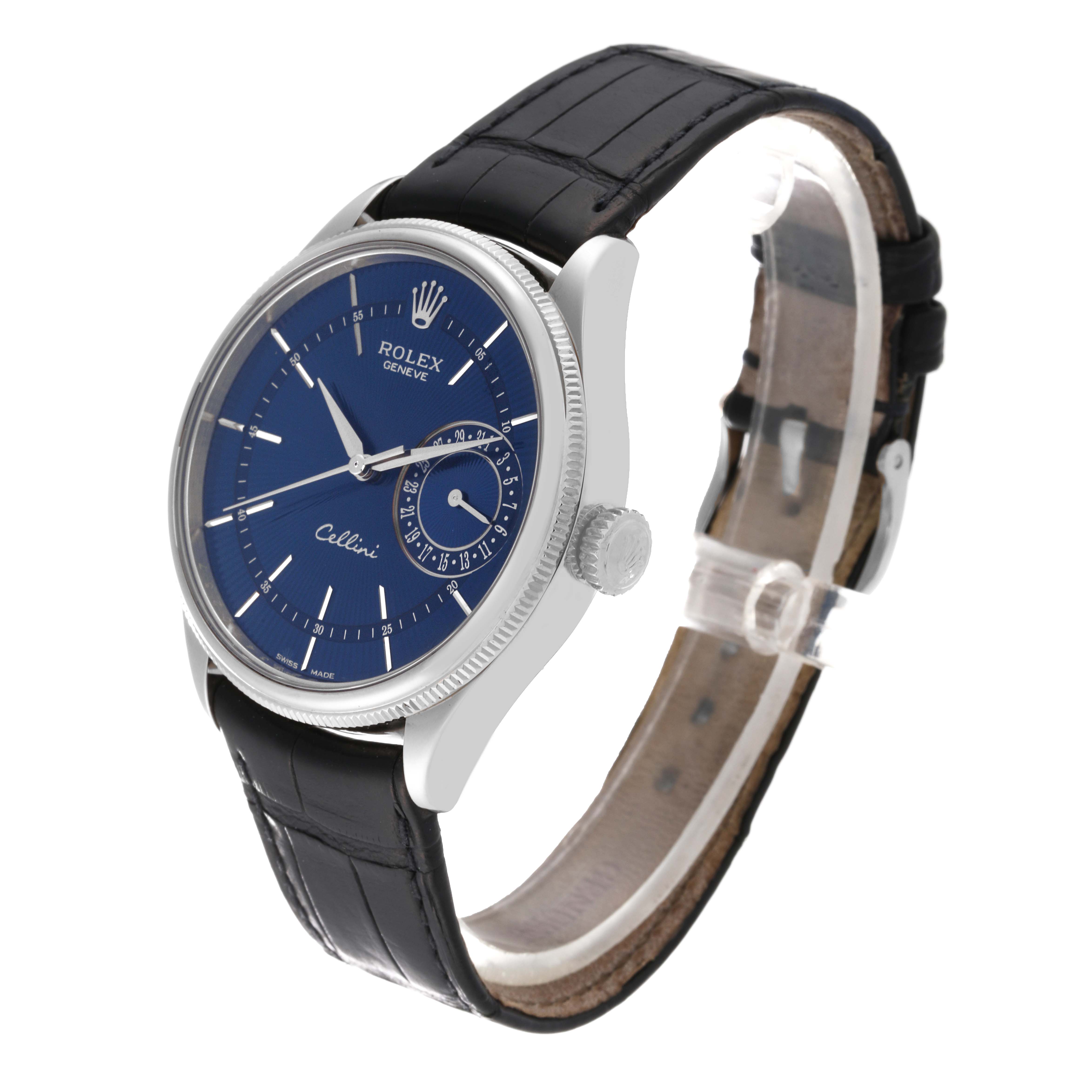 The Rolex Cellini 50519 Men
s White Gold Blue Dial 50519 Men
s White Gold Blue Dial watch is shown at a three-quarter angle, displaying the face, crown, and leather strap.
