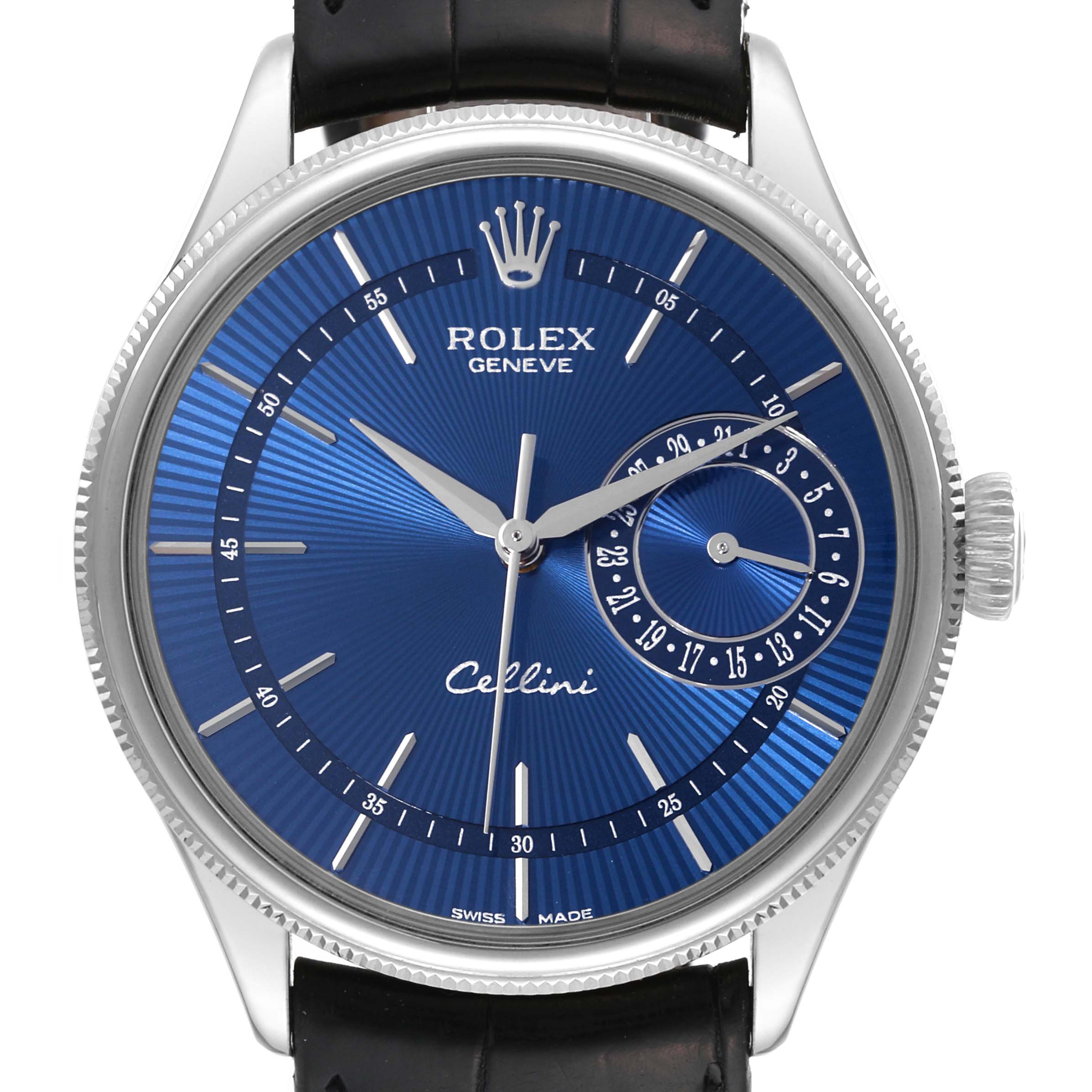 The image shows a frontal view of the Rolex Cellini 50519 Men
s White Gold Blue Dial 50519 Men
s White Gold Blue Dial watch, highlighting its blue dial and leather strap.