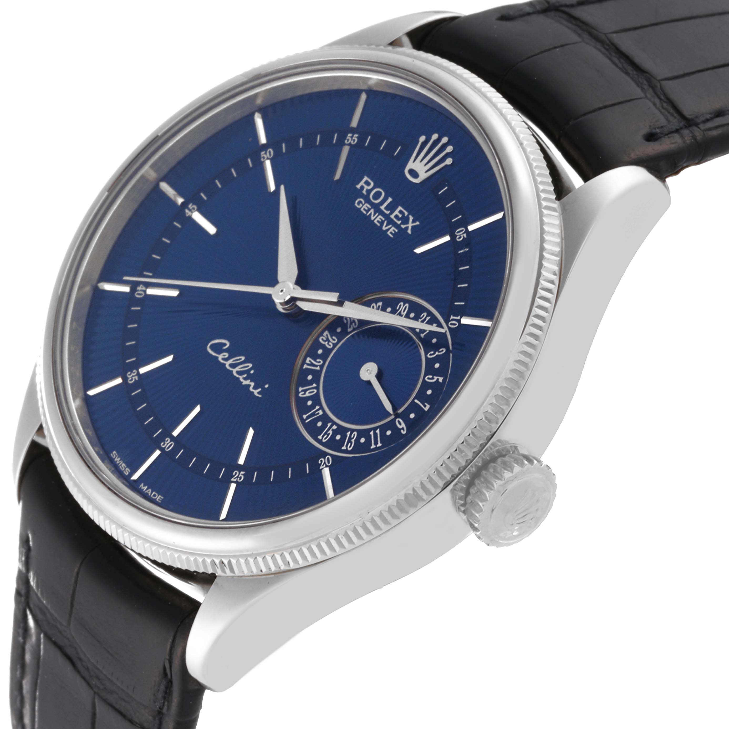 The image shows a side-angle view of a Rolex Cellini 50519 Men
s White Gold Blue Dial 50519 Men
s White Gold Blue Dial watch, highlighting the face, crown, and leather strap.