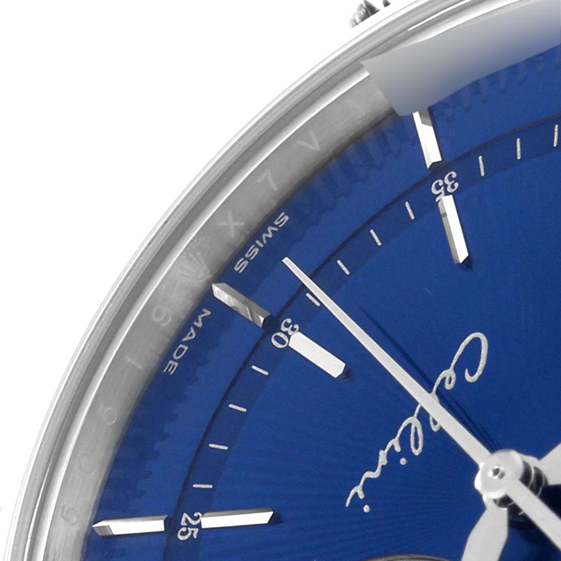This image shows a close-up of the blue dial and hands of a Rolex Cellini 50519 Men's White Gold Blue Dial 50519 Men's White Gold Blue Dial watch.