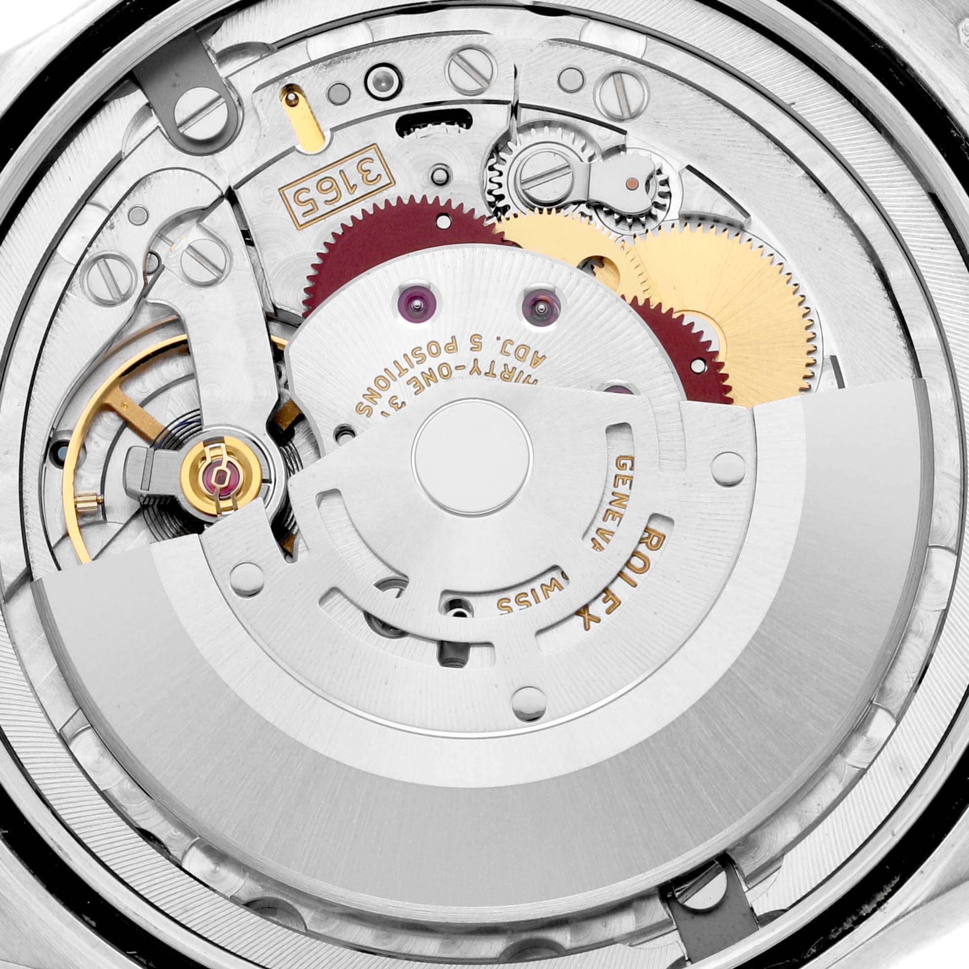The image shows the detailed internal mechanics of a Rolex Cellini 50519 Men's White Gold Blue Dial 50519 Men's White Gold Blue Dial watch, focusing on the movement parts from a top-down angle.