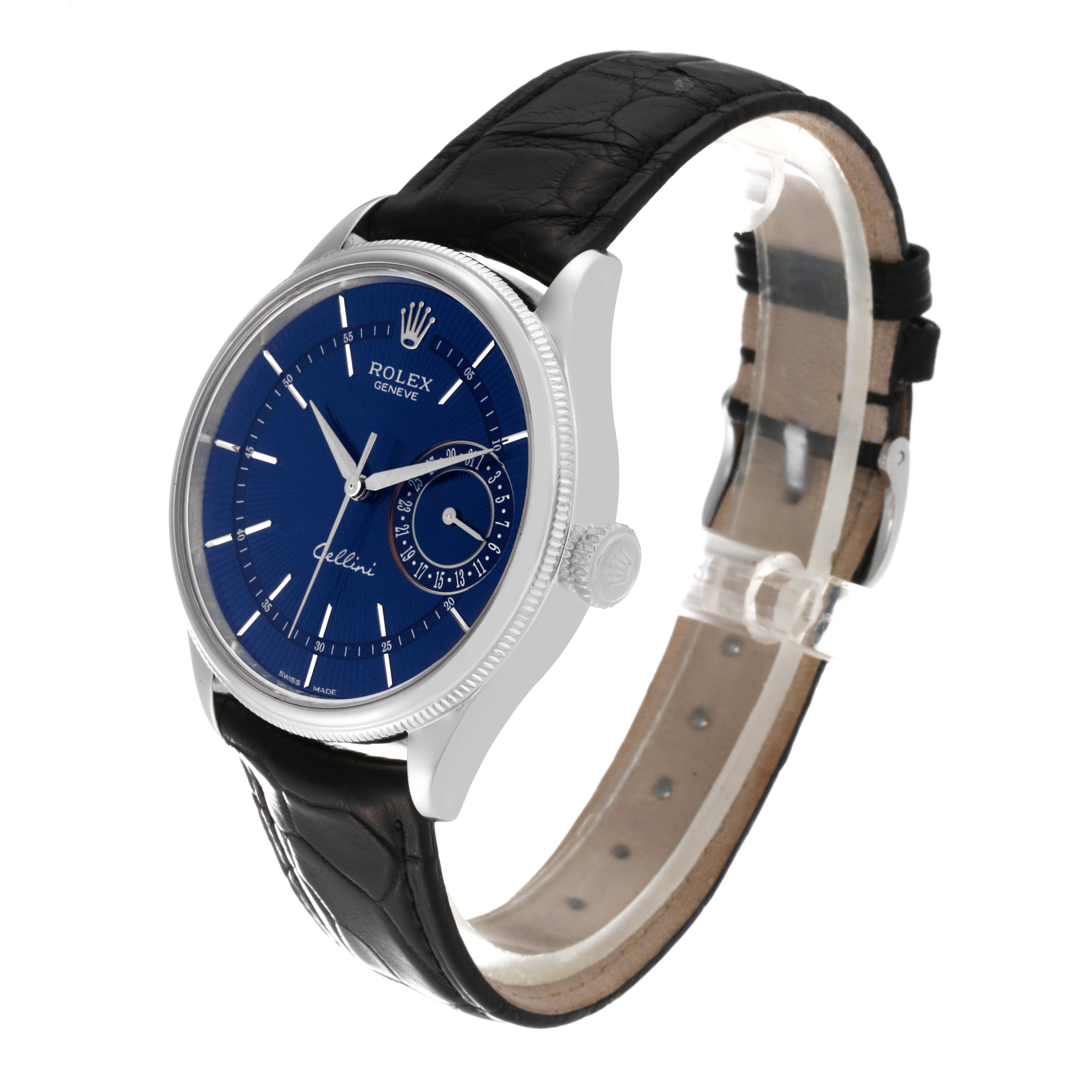 The image shows a Rolex Cellini 50519 Men's White Gold Blue Dial 50519 Men's White Gold Blue Dial watch at a three-quarter angle, displaying the face and black leather strap.
