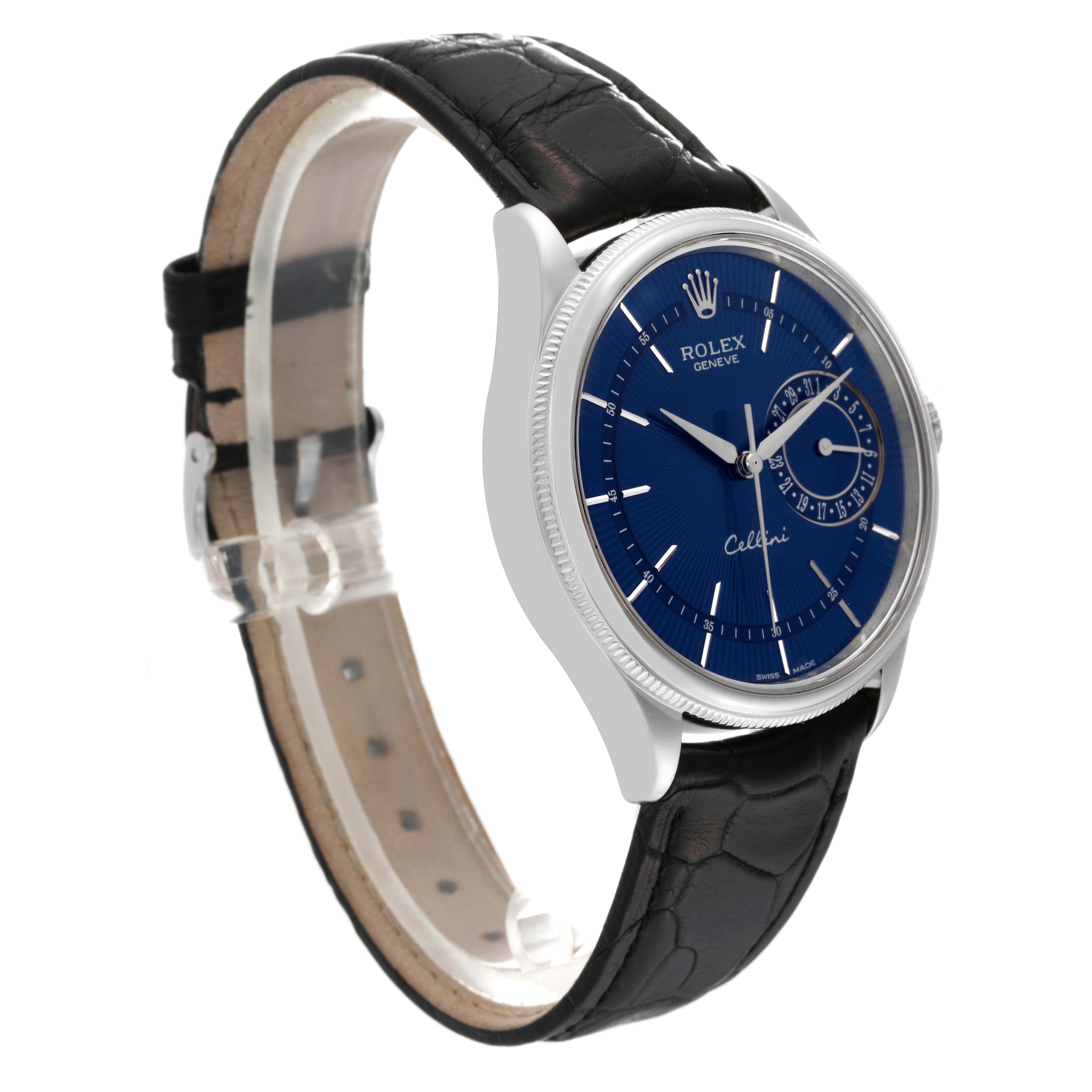 The image shows a 3/4 view of a Rolex Cellini 50519 Men's White Gold Blue Dial 50519 Men's White Gold Blue Dial watch, highlighting its blue dial, stainless steel case, and black leather strap.