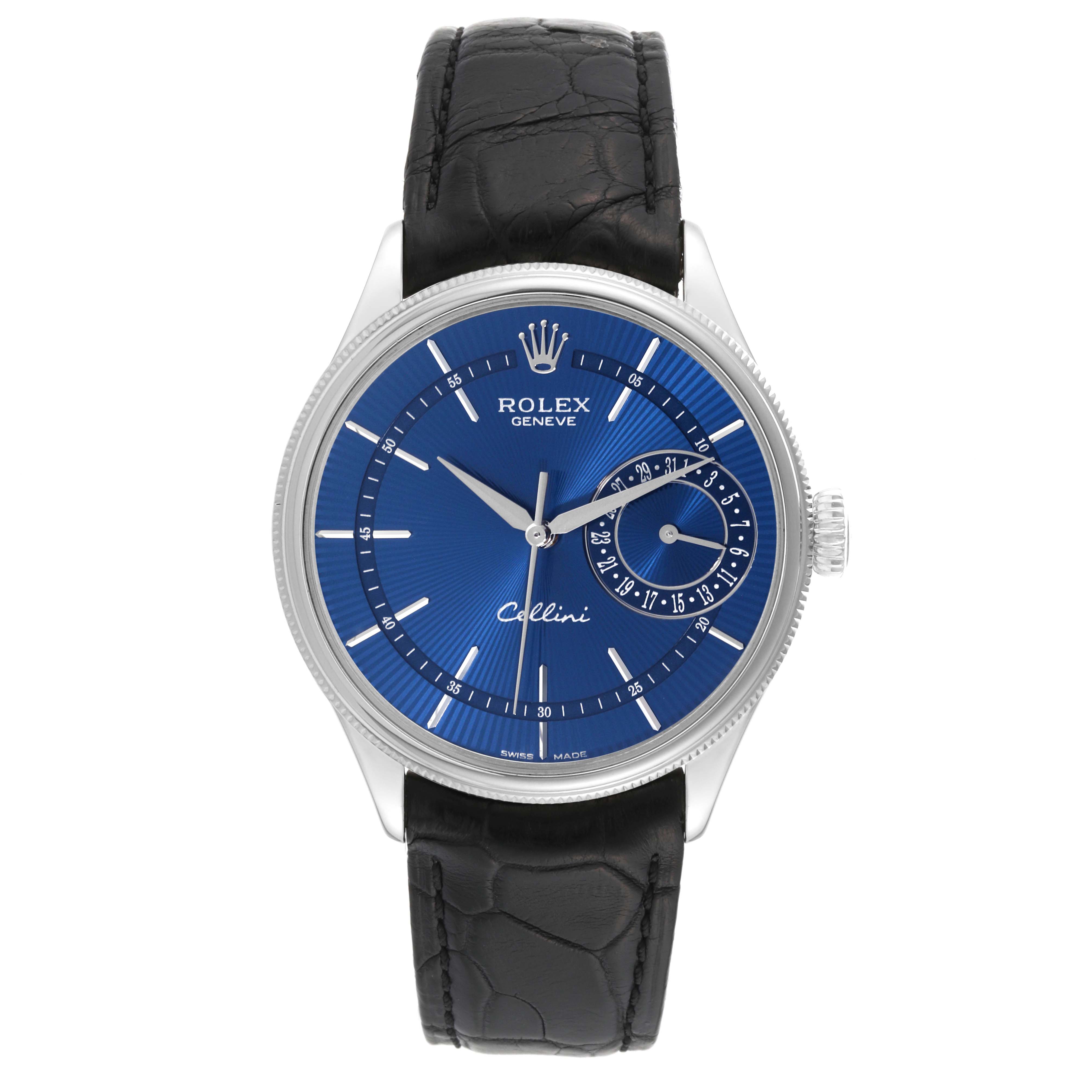This Rolex Cellini 50519 Men's White Gold Blue Dial 50519 Men's White Gold Blue Dial watch is shown from a straight-on angle, highlighting its black leather strap and blue dial with date subdial.