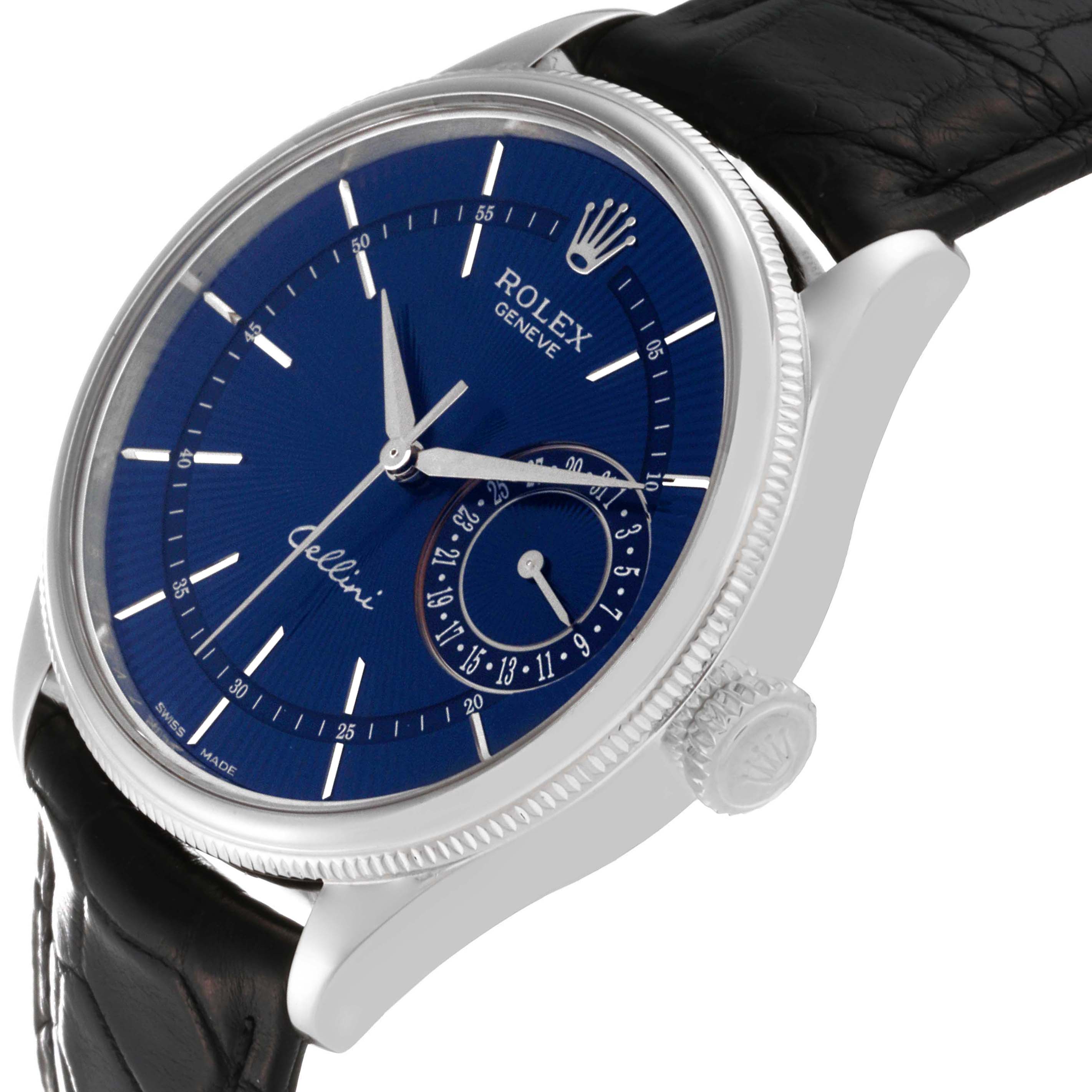 The image shows a Rolex Cellini 50519 Men's White Gold Blue Dial 50519 Men's White Gold Blue Dial watch at a slight angle, highlighting the blue dial, crown, and part of the black leather strap.