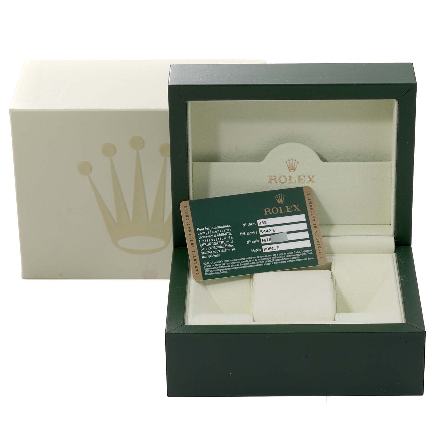 This image shows the open box and card for a Rolex Cellini 5442/5 Men's Rose Gold Black Dial 5442/5 Men's Rose Gold Black Dial watch, revealing storage compartments inside.