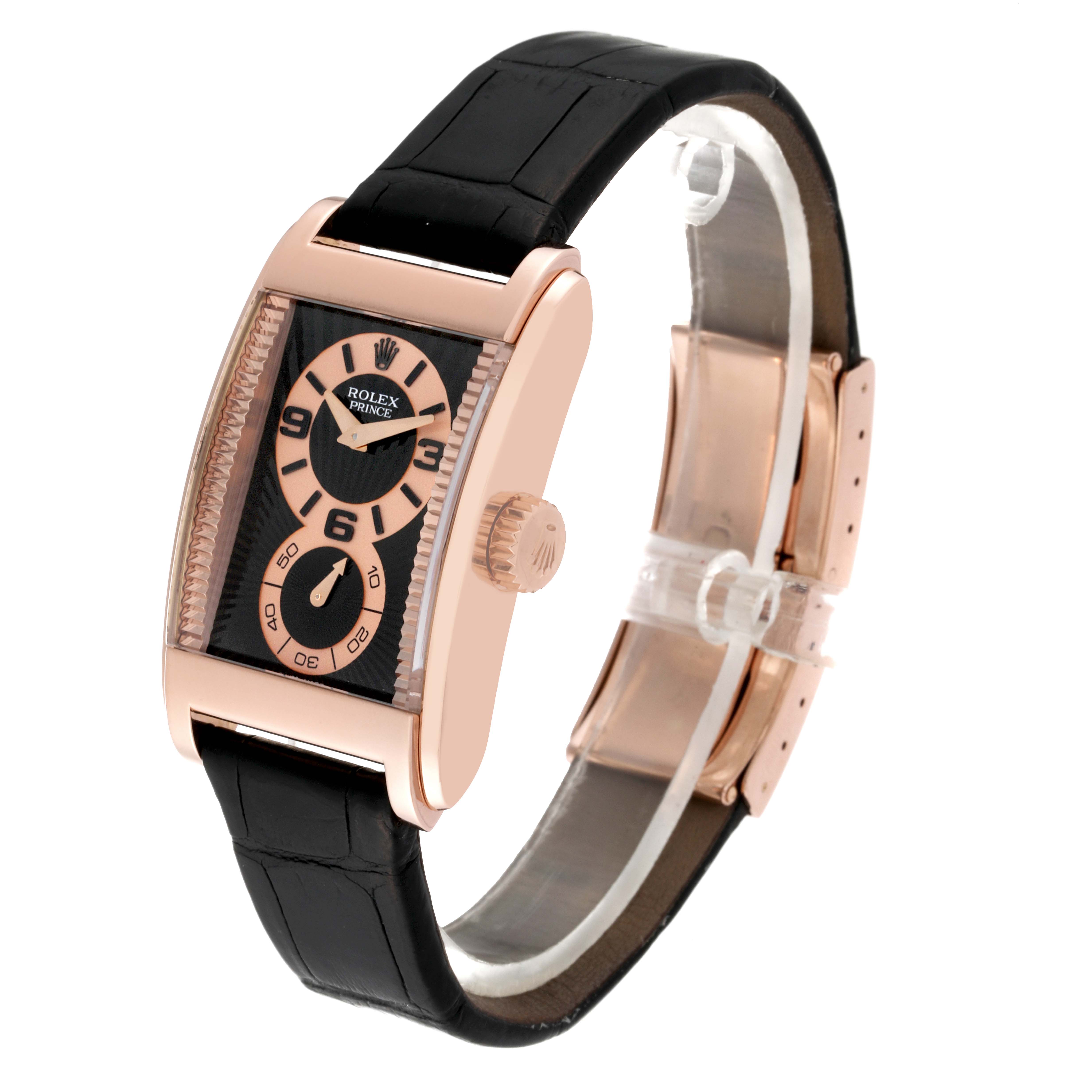 The image shows a side angle of the Rolex Cellini 5442/5 Men's Rose Gold Black Dial 5442/5 Men's Rose Gold Black Dial Prince watch, featuring the watch face, crown, and leather strap.