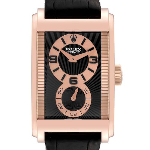 Photo of Rolex Cellini Prince Rose Gold Black Dial Leather Strap Mens Watch 5442 Box Card