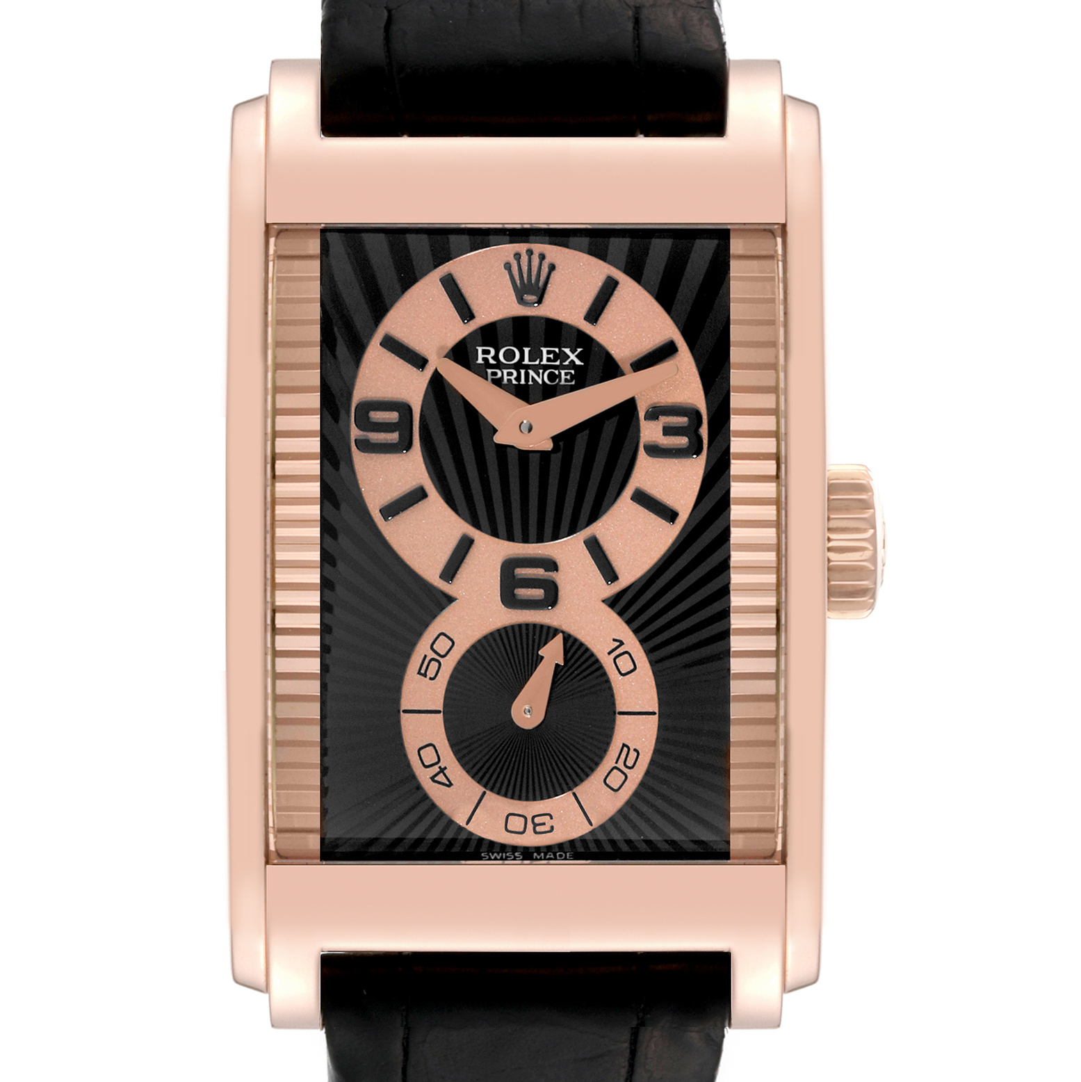 The image shows a frontal view of a Rolex Cellini 5442/5 Men's Rose Gold Black Dial 5442/5 Men's Rose Gold Black Dial Prince watch, highlighting the dial, case, crown, and strap.