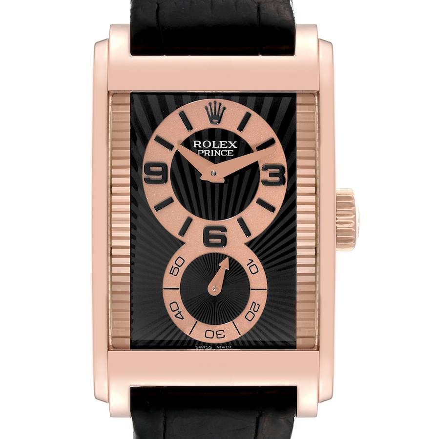 Rolex Cellini Prince Rose Gold Black Dial Leather Strap Mens Watch 5442 Box Card SwissWatchExpo