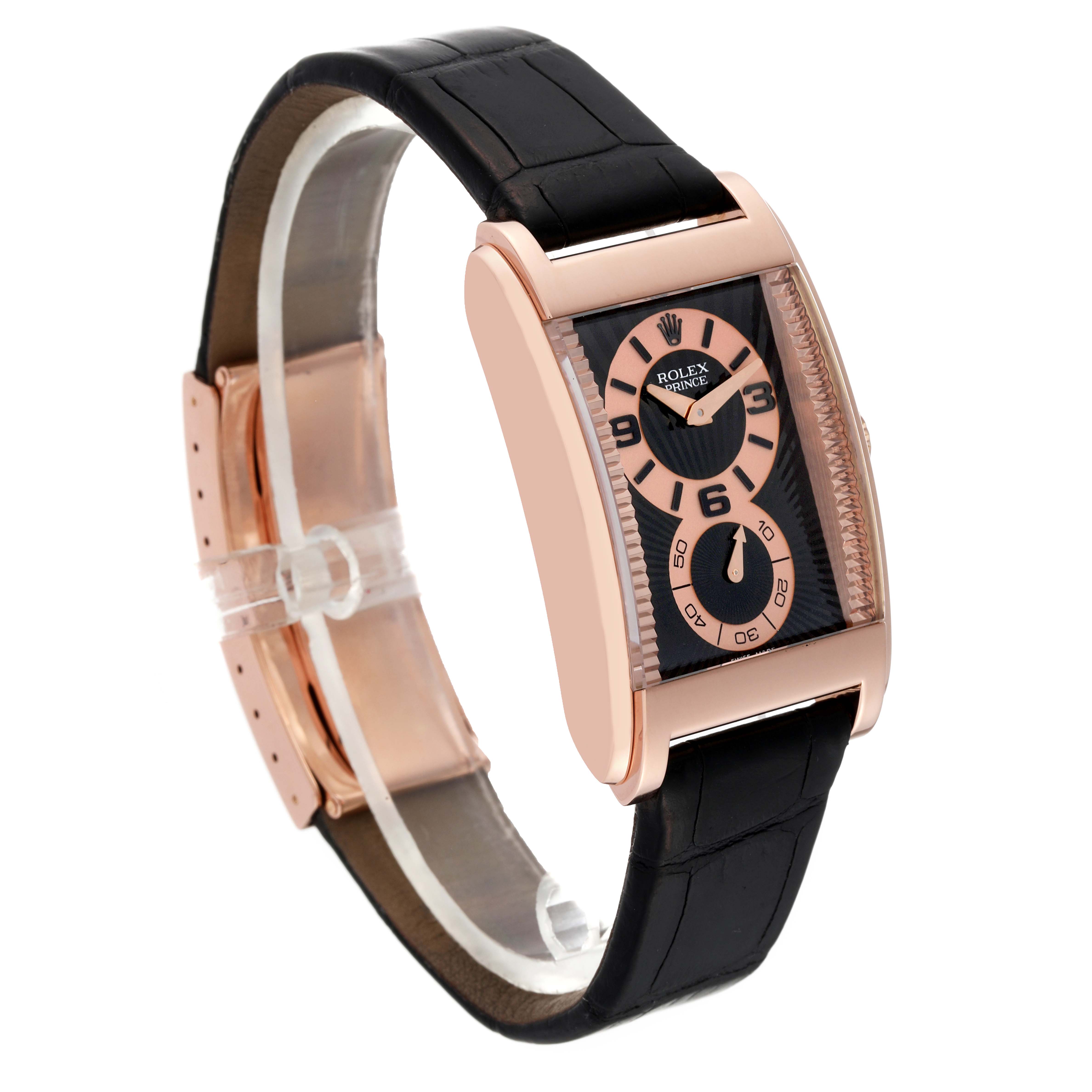 This Rolex Cellini 5442/5 Men's Rose Gold Black Dial 5442/5 Men's Rose Gold Black Dial watch is shown at an angled view, displaying its rectangular face, rose gold case, and black leather strap.