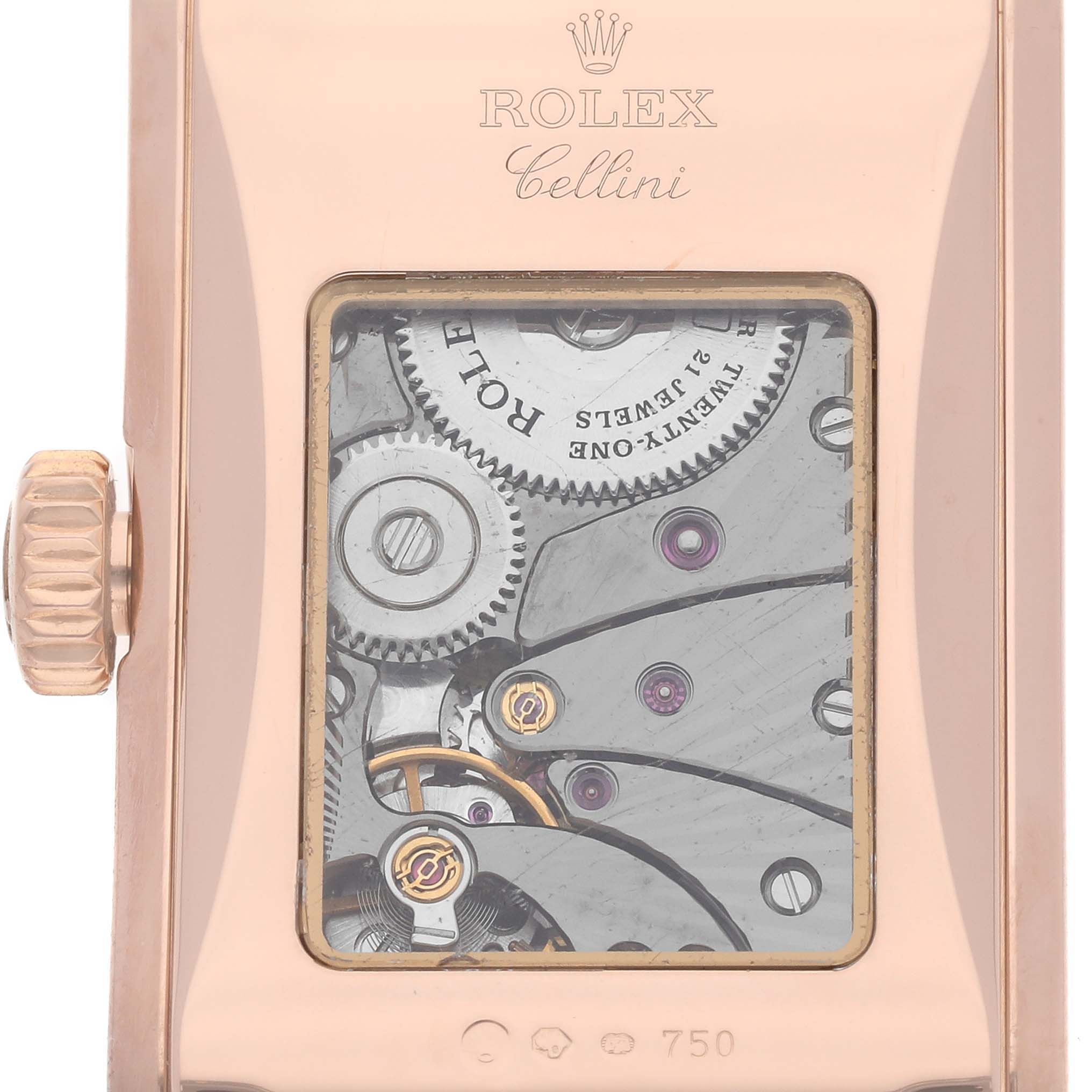 The image shows the back of a Rolex Cellini 5442/5 Men's Rose Gold Black Dial 5442/5 Men's Rose Gold Black Dial watch, highlighting its internal mechanical parts through a transparent case back.