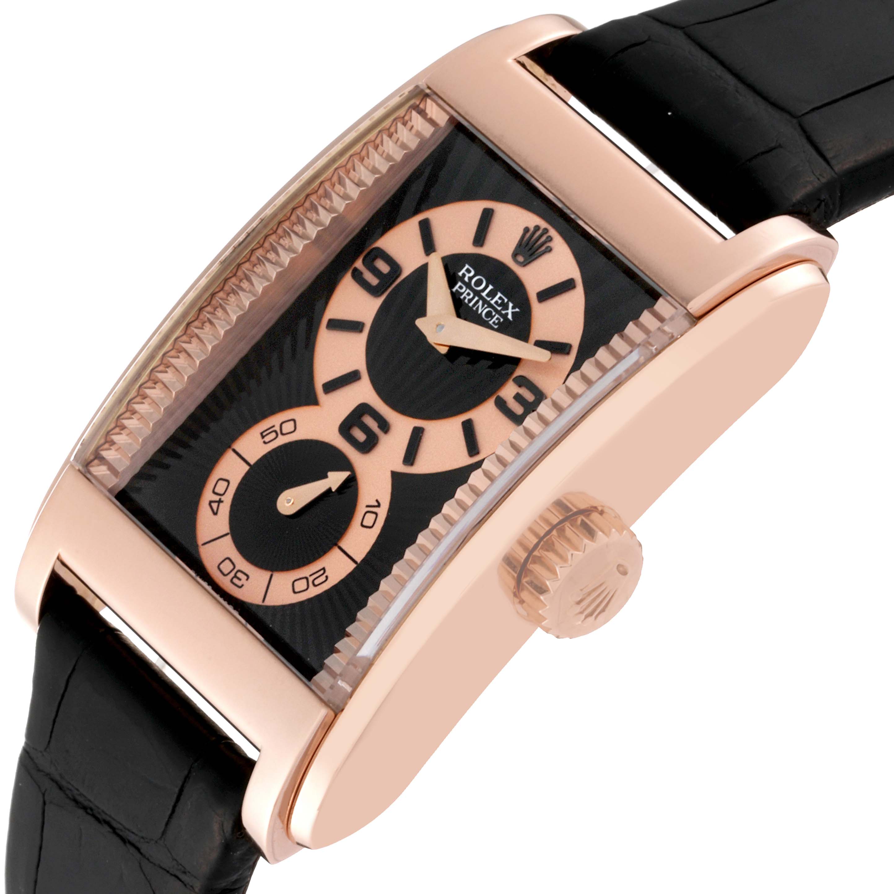 The image shows a side view of a Rolex Cellini 5442/5 Men's Rose Gold Black Dial 5442/5 Men's Rose Gold Black Dial Prince model watch, highlighting the dial, crown, and leather strap.