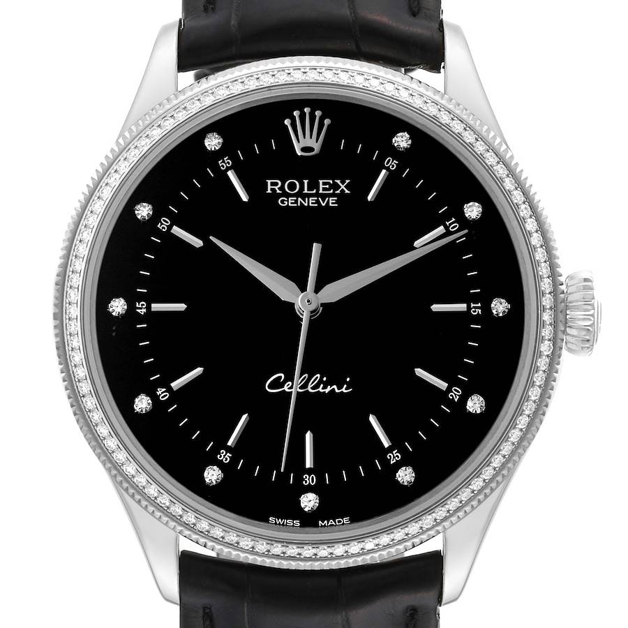 Rolex Cellini Time White Gold Black Dial Diamond Bezel Mens Watch 50609 SwissWatchExpo