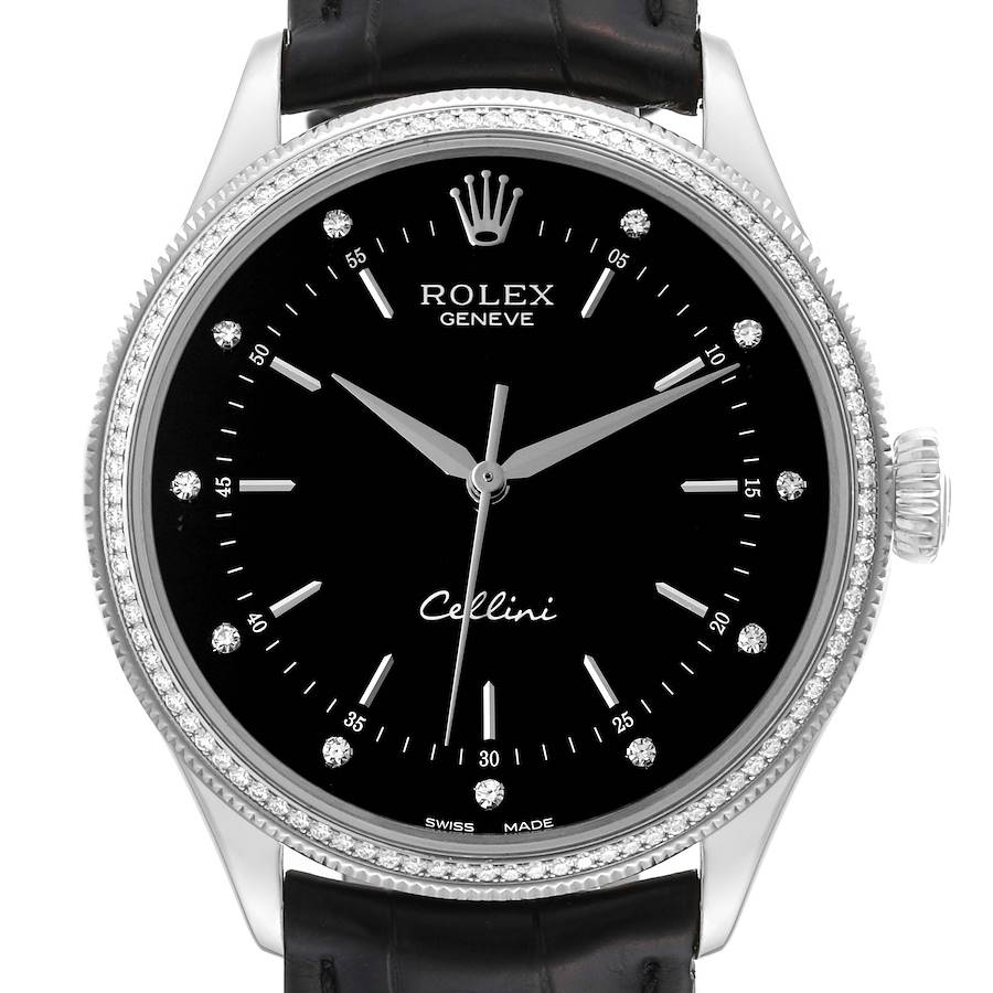 The image shows a front view of a Rolex Cellini watch, highlighting the black dial, hour markers, hands, and crown.