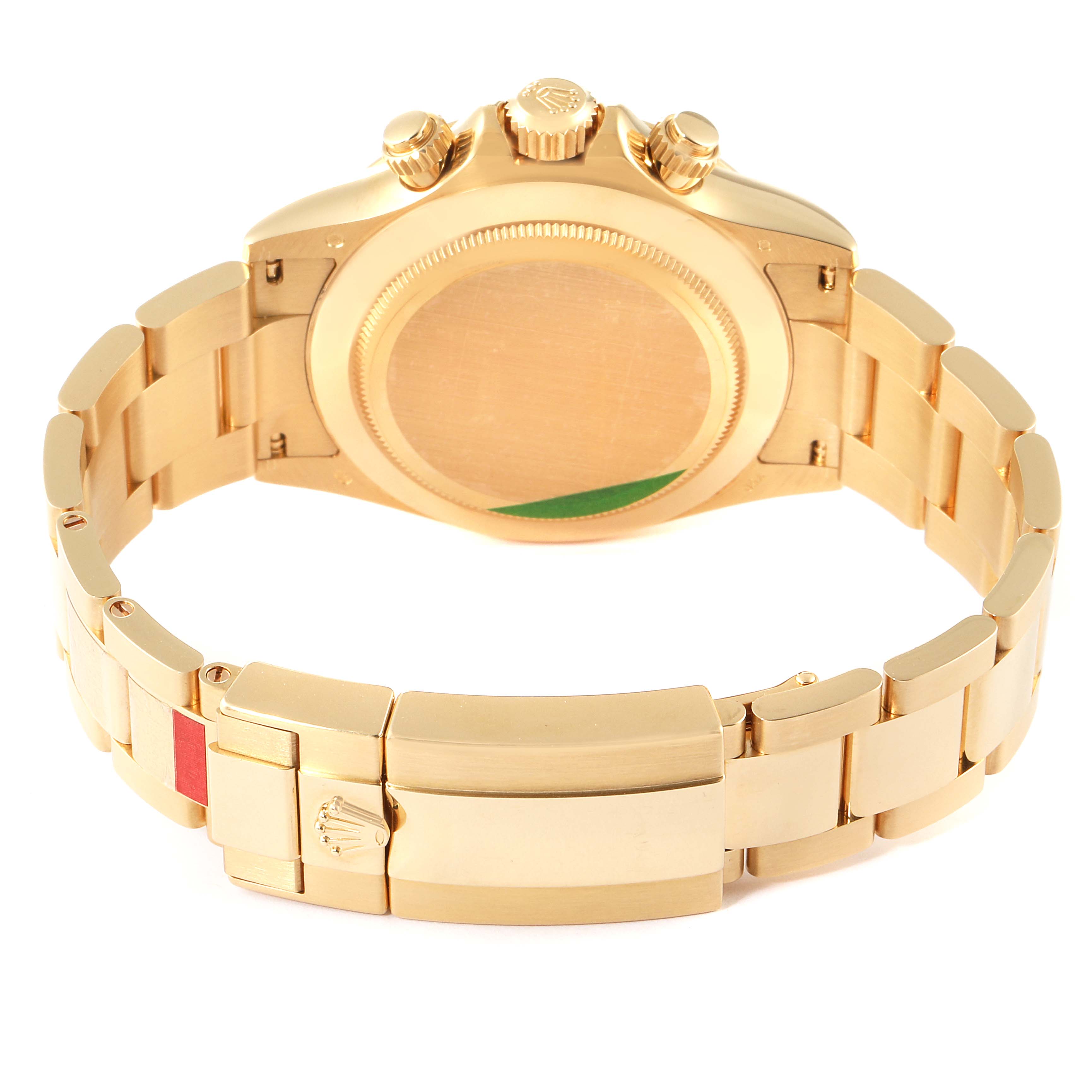 This image shows the back view of a Rolex Daytona 116528 Men's Yellow Gold Black Dial 116528 Men's Yellow Gold Black Dial watch, highlighting its gold case, clasp, and bracelet.