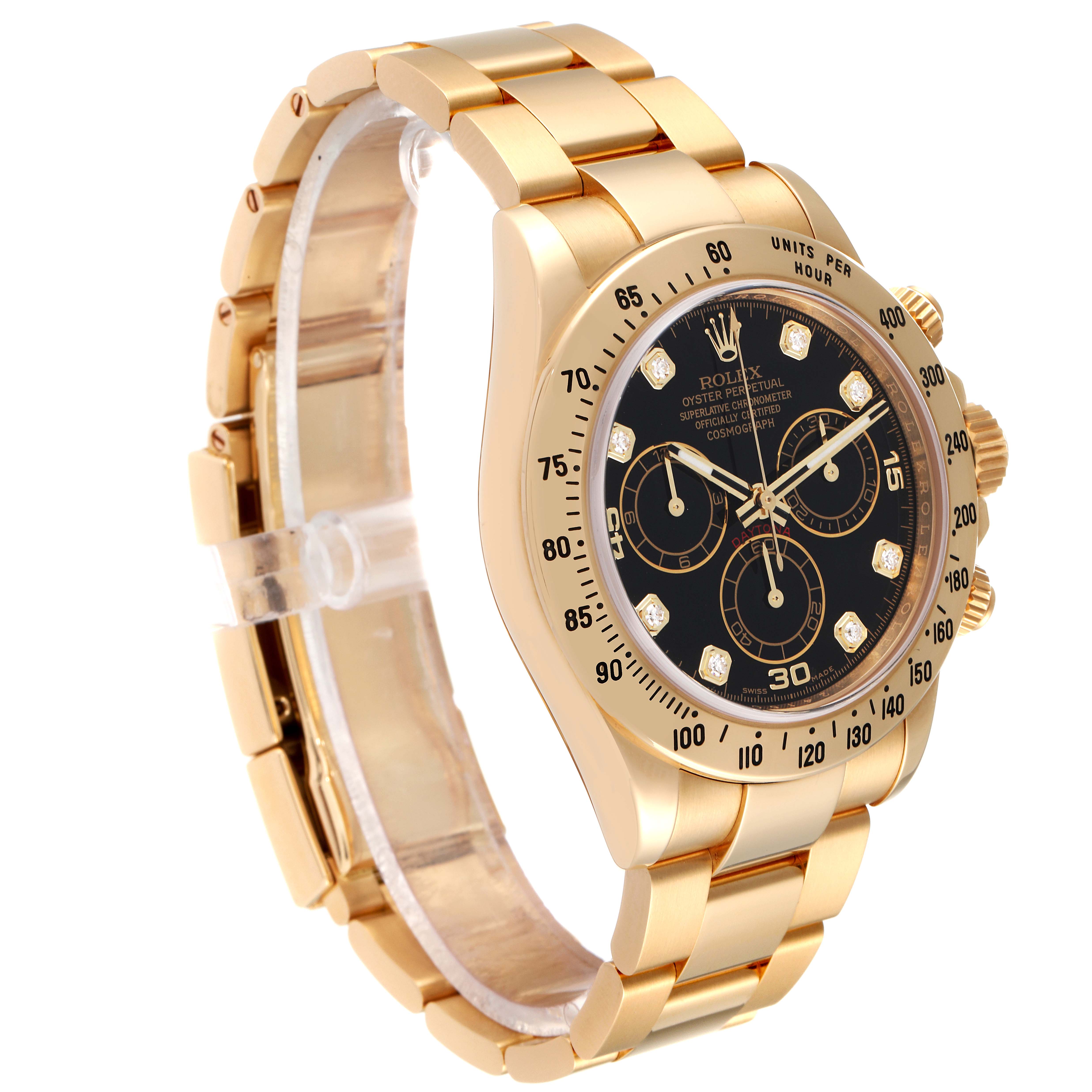 The Rolex Daytona 116528 Men's Yellow Gold Black Dial 116528 Men's Yellow Gold Black Dial watch is shown at a three-quarter angle, highlighting the bracelet, clasp, case, and dial with subdials.