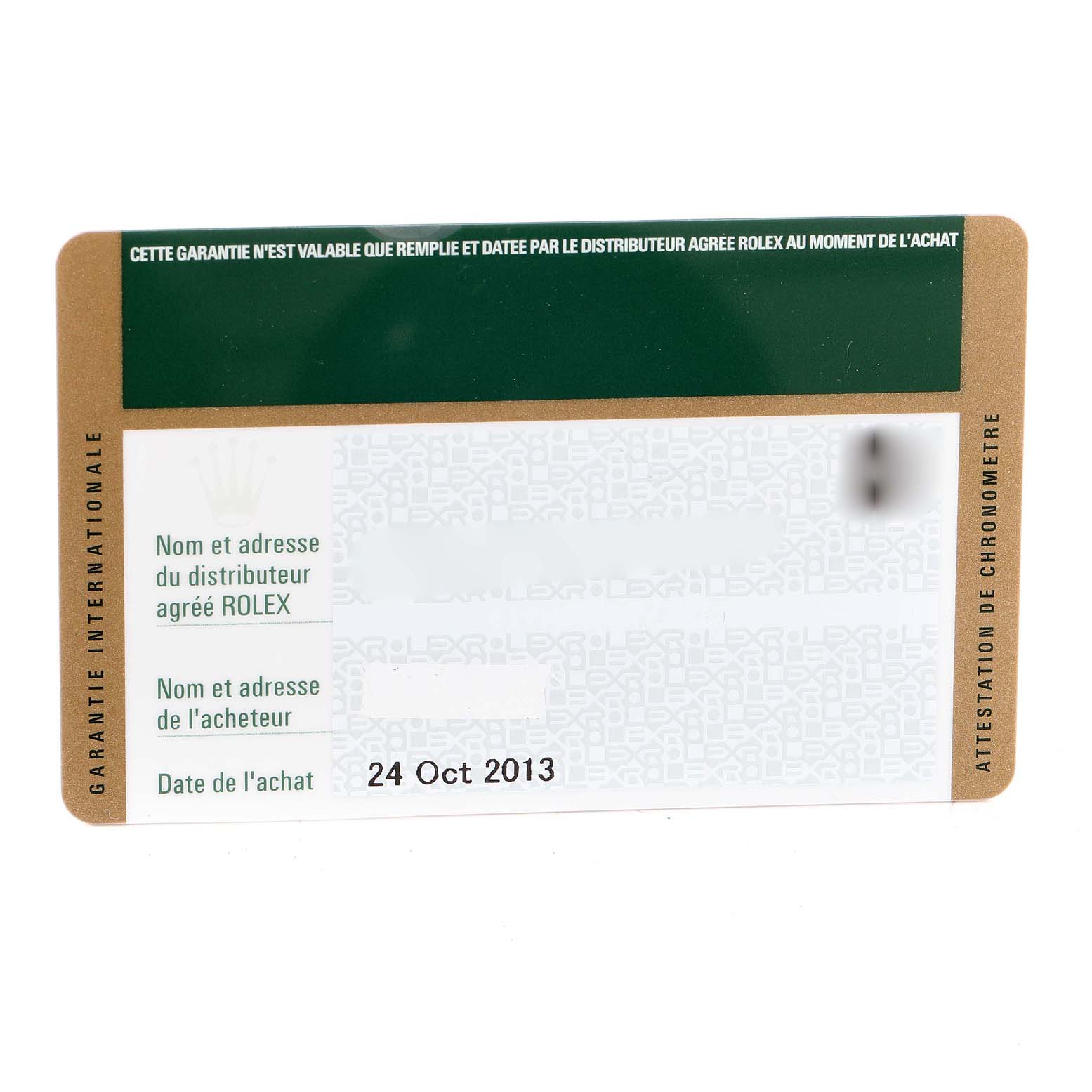 This image shows a guarantee card for a Rolex Daytona 116528 Men's Yellow Gold Black Dial 116528 Men's Yellow Gold Black Dial watch, displaying purchase information and authorization details.