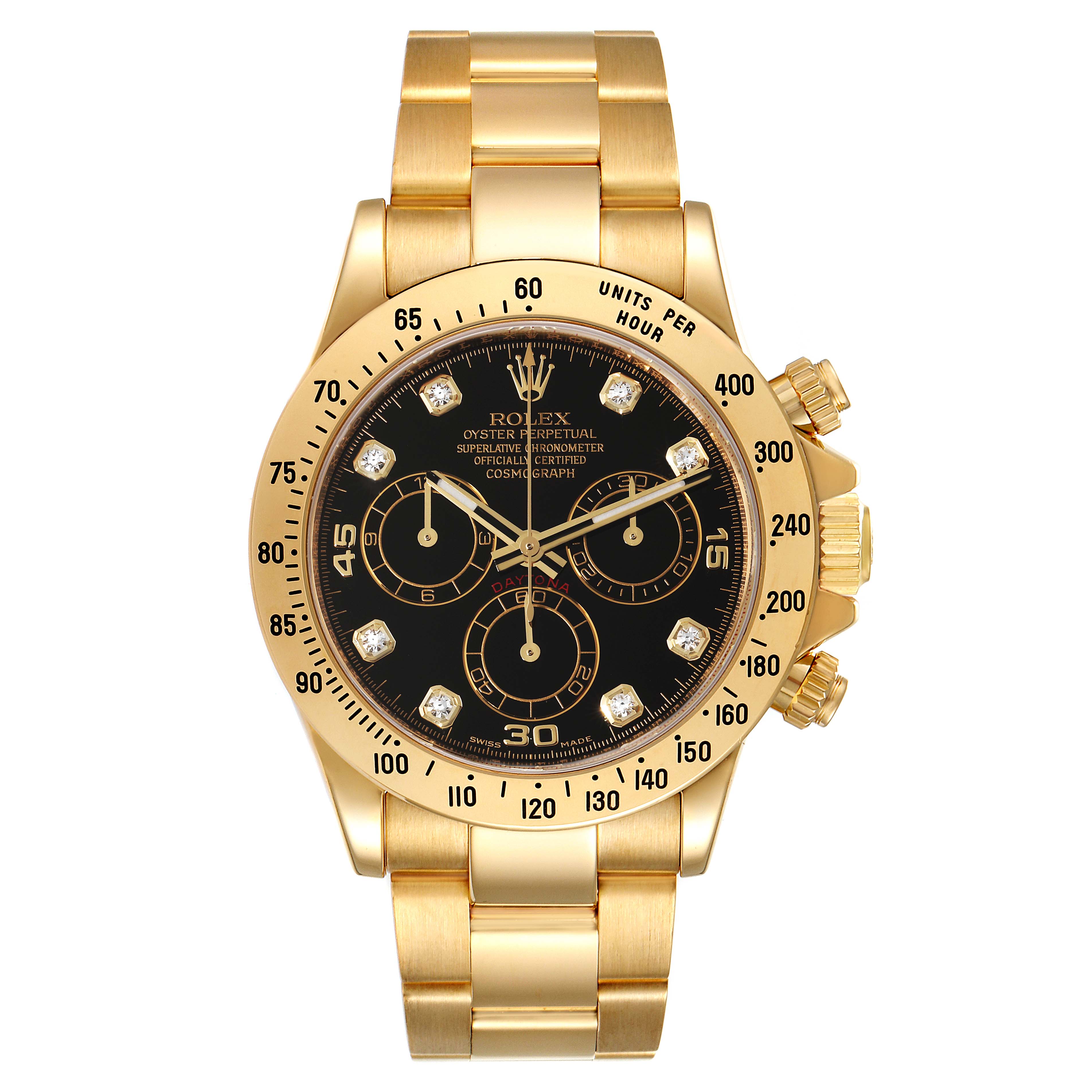The image shows a front view of a Rolex Daytona 116528 Men's Yellow Gold Black Dial 116528 Men's Yellow Gold Black Dial watch, featuring a gold bracelet and a black dial with diamond hour markers.