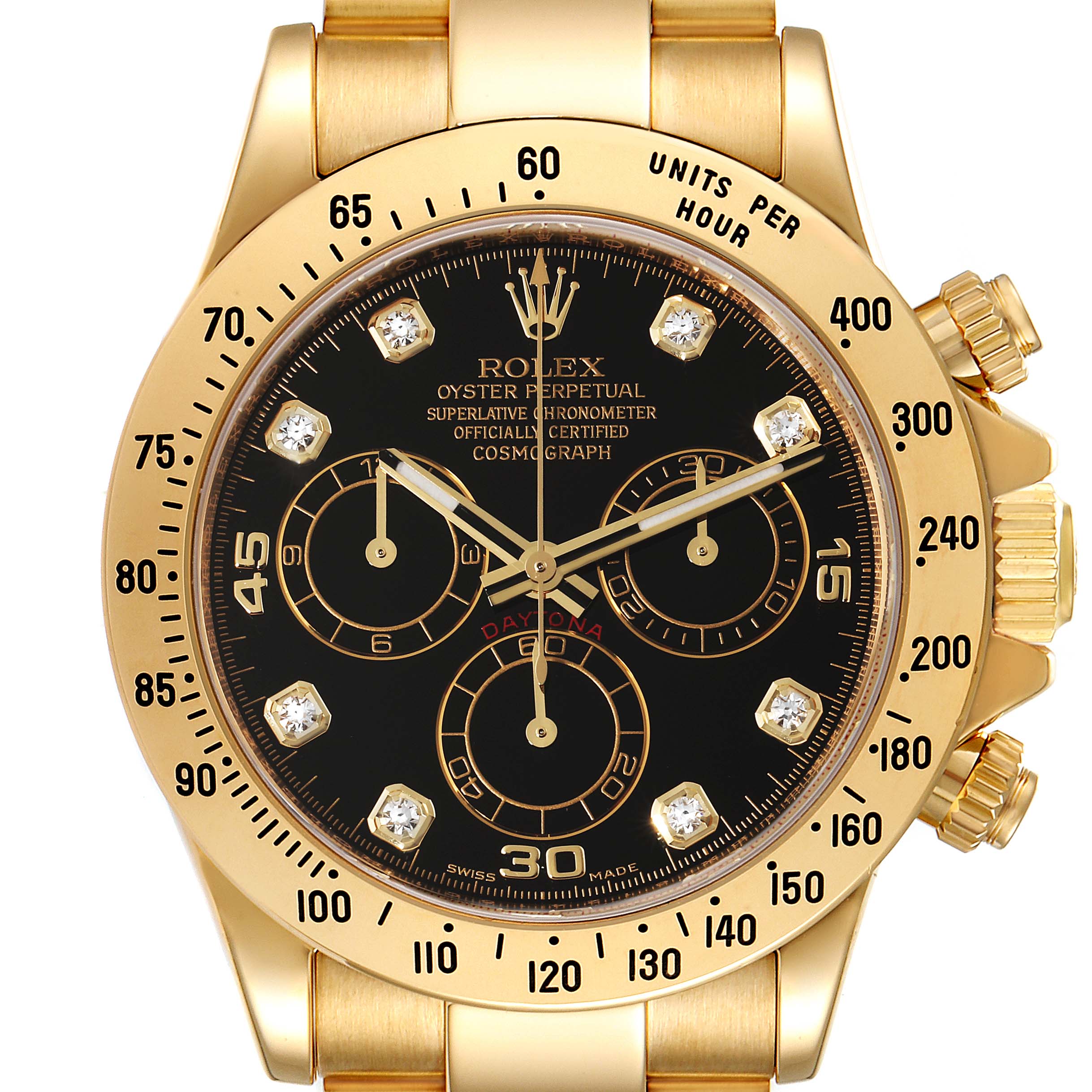 This image shows a straight-on view of a Rolex Daytona 116528 Men's Yellow Gold Black Dial 116528 Men's Yellow Gold Black Dial watch, highlighting its black dial, gold case, chronograph sub-dials, and diamond hour markers.