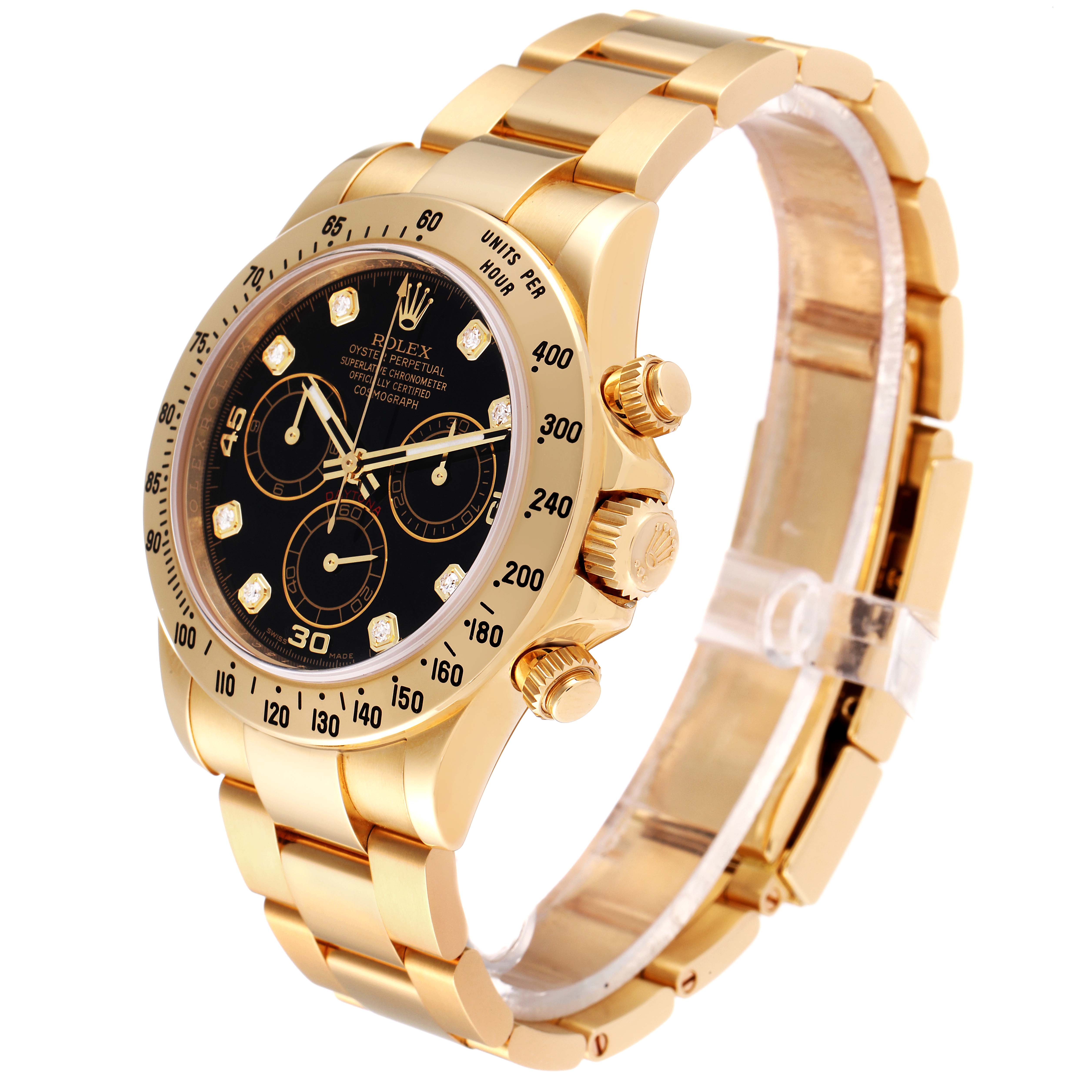 The image shows a Rolex Daytona 116528 Men's Yellow Gold Black Dial 116528 Men's Yellow Gold Black Dial watch at a three-quarter angle, highlighting the face, bezel, crown, and bracelet.
