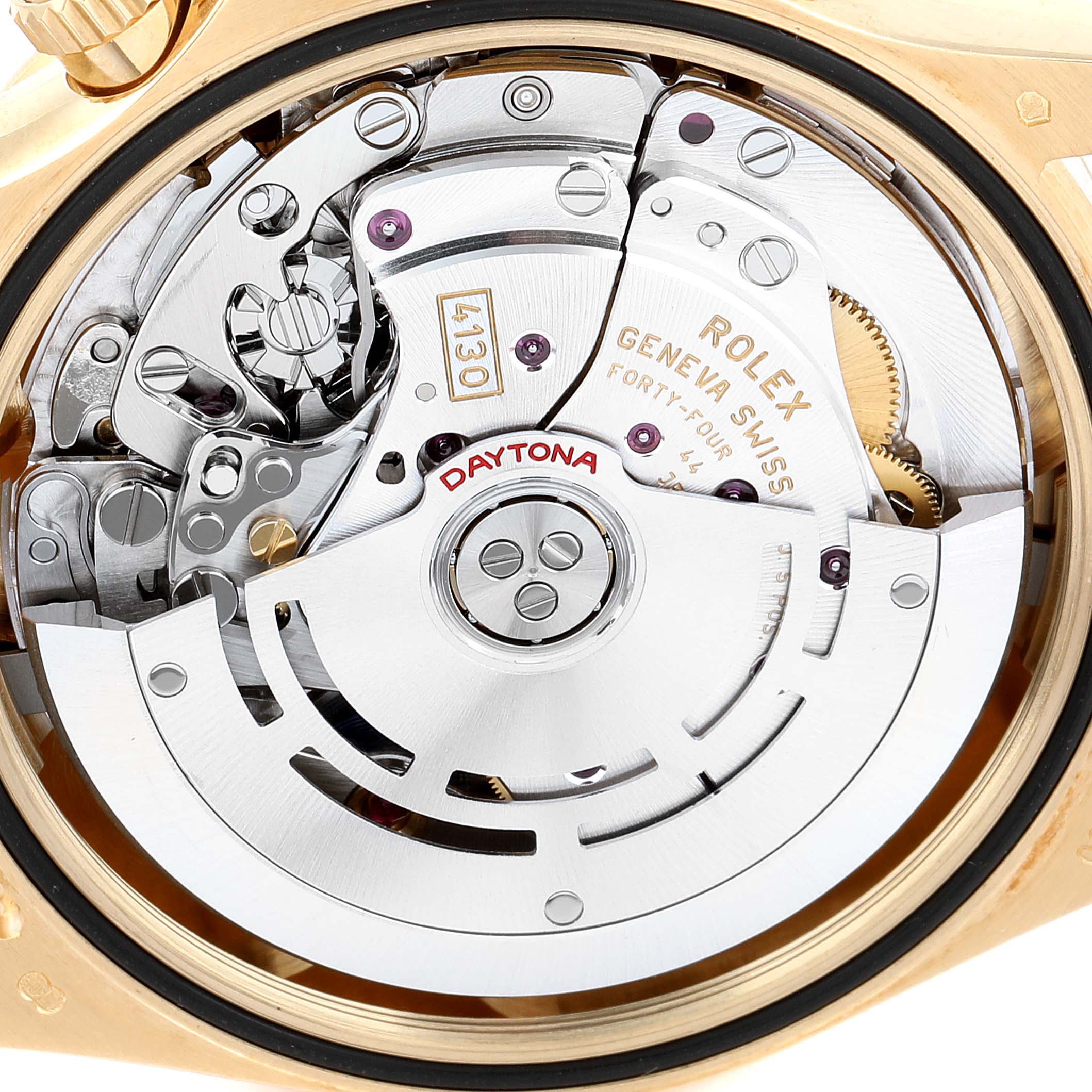 This image shows the internal mechanics and movement of a Rolex Daytona 116528 Men's Yellow Gold Black Dial 116528 Men's Yellow Gold Black Dial watch from a rear angle.