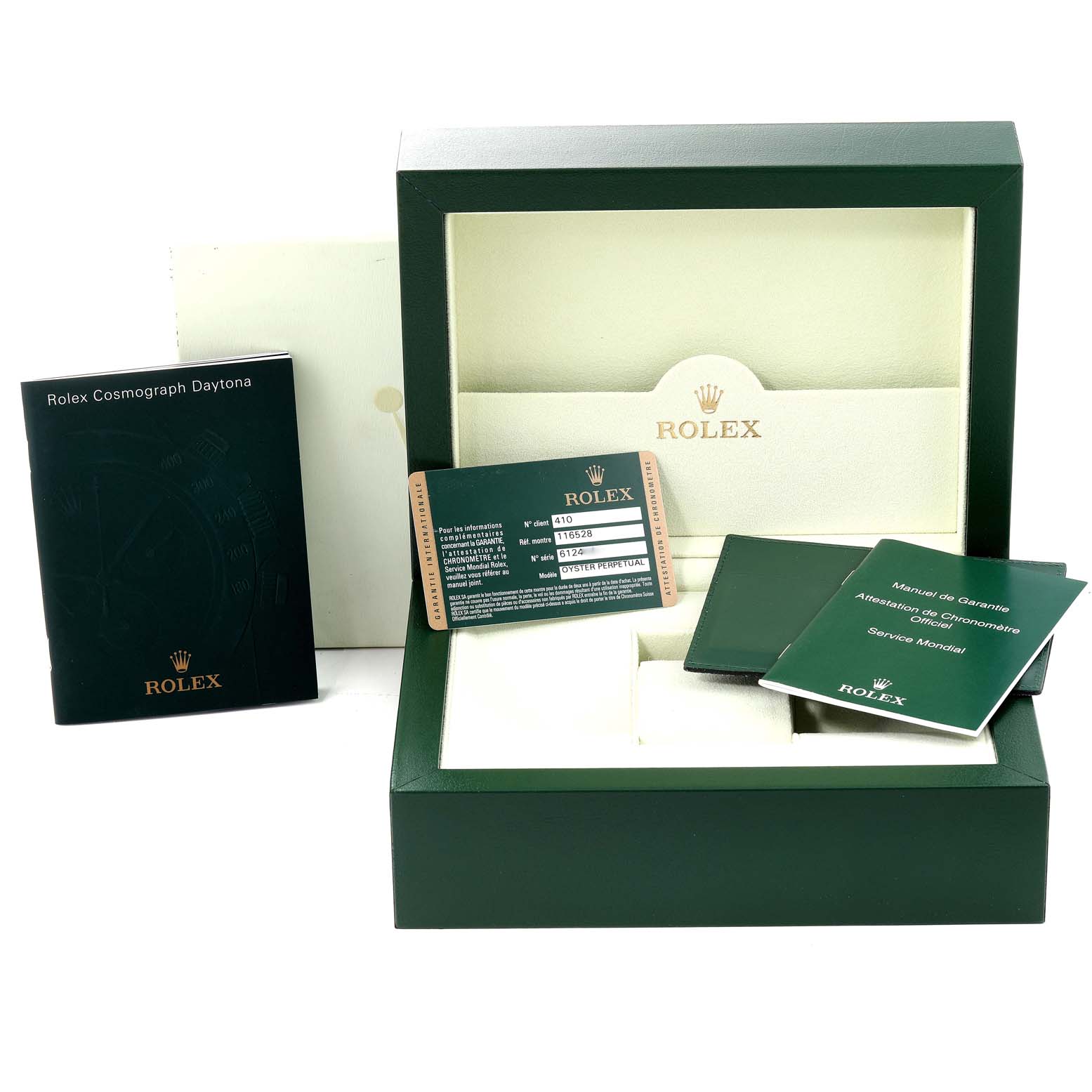 The image shows a Rolex Daytona 116528 Men's Yellow Gold Black Dial 116528 Men's Yellow Gold Black Dial watch box, manuals, warranty card, and accessories from a front angle.