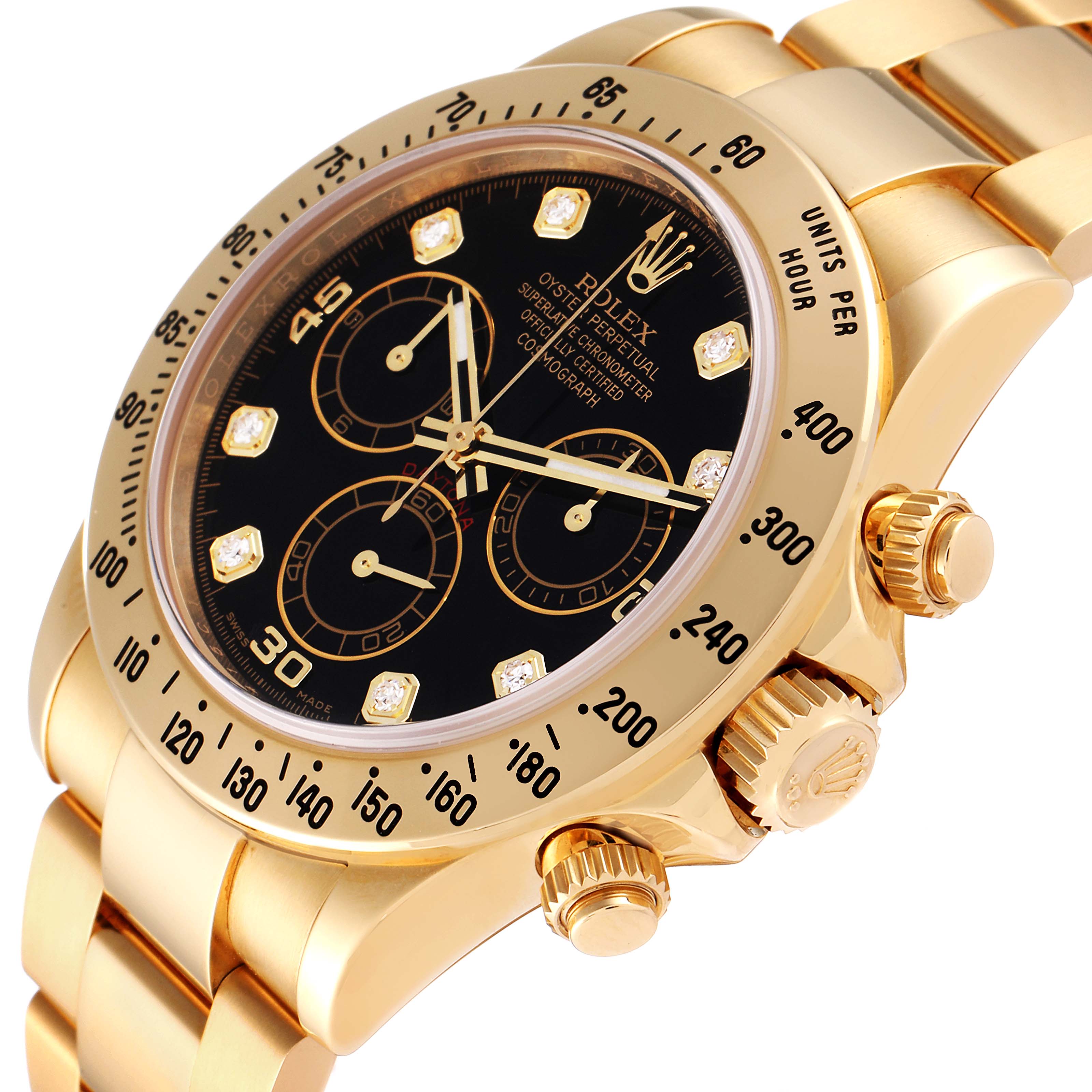 The image shows a close-up, angled view of a Rolex Daytona 116528 Men's Yellow Gold Black Dial 116528 Men's Yellow Gold Black Dial watch, highlighting its gold bezel, black dial, and chronograph subdials.