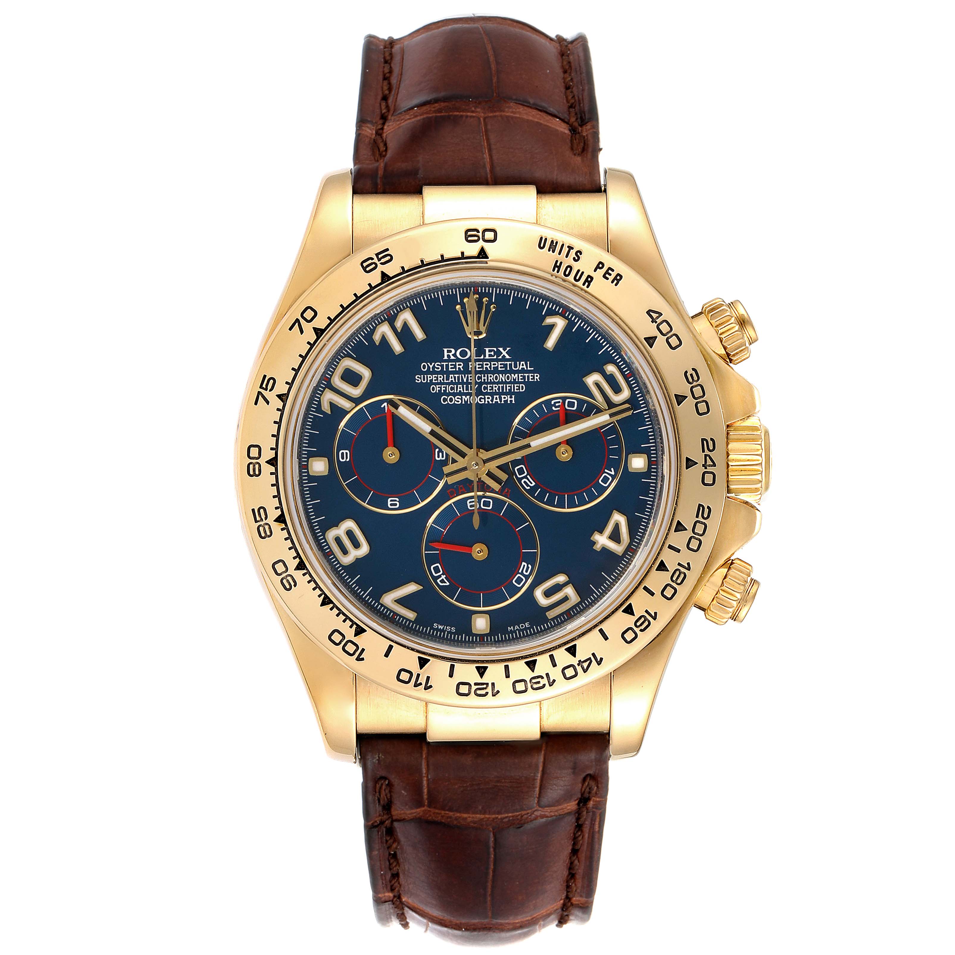 This is a front view of a Rolex Daytona 116518 Men's Yellow Gold Blue Dial 116518 Men's Yellow Gold Blue Dial watch showing the dial, bezel, chronograph sub-dials, and brown leather strap.