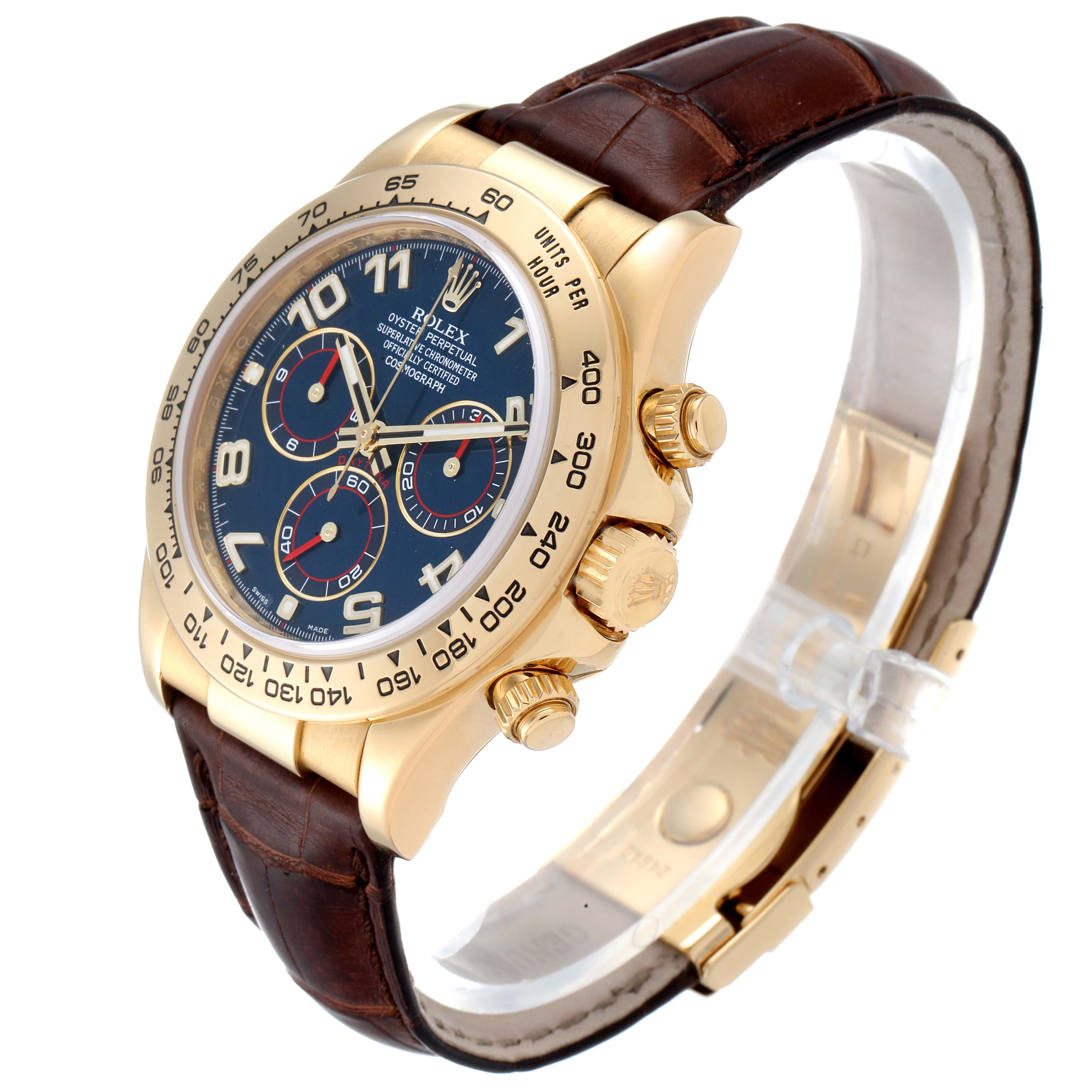 This image shows a Rolex Daytona 116518 Men's Yellow Gold Blue Dial 116518 Men's Yellow Gold Blue Dial watch at an angle highlighting its face, bezel, crown, and leather strap.