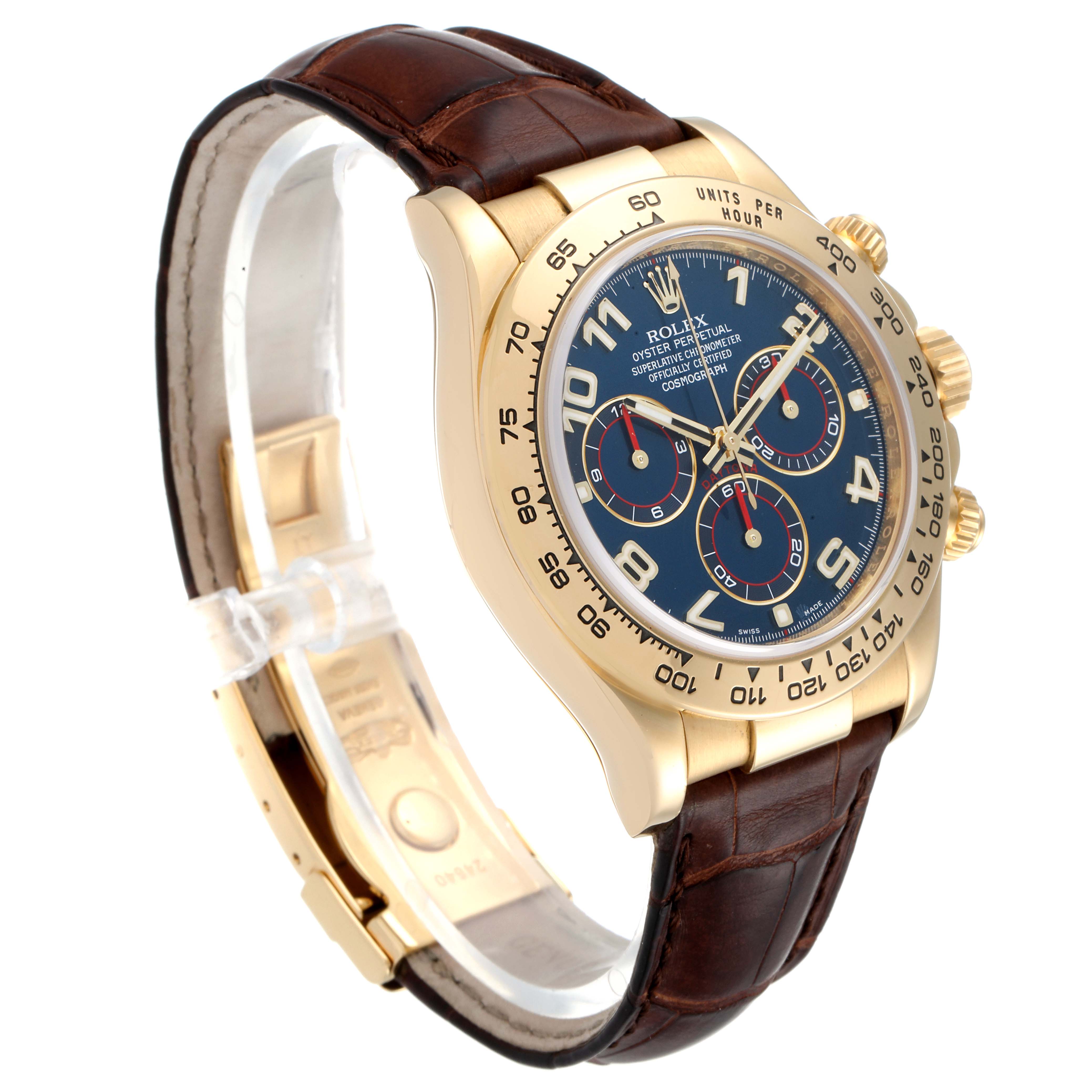 The image shows a Rolex Daytona 116518 Men's Yellow Gold Blue Dial 116518 Men's Yellow Gold Blue Dial watch angled from the side, highlighting its face, bezel, chronograph dials, and leather strap.
