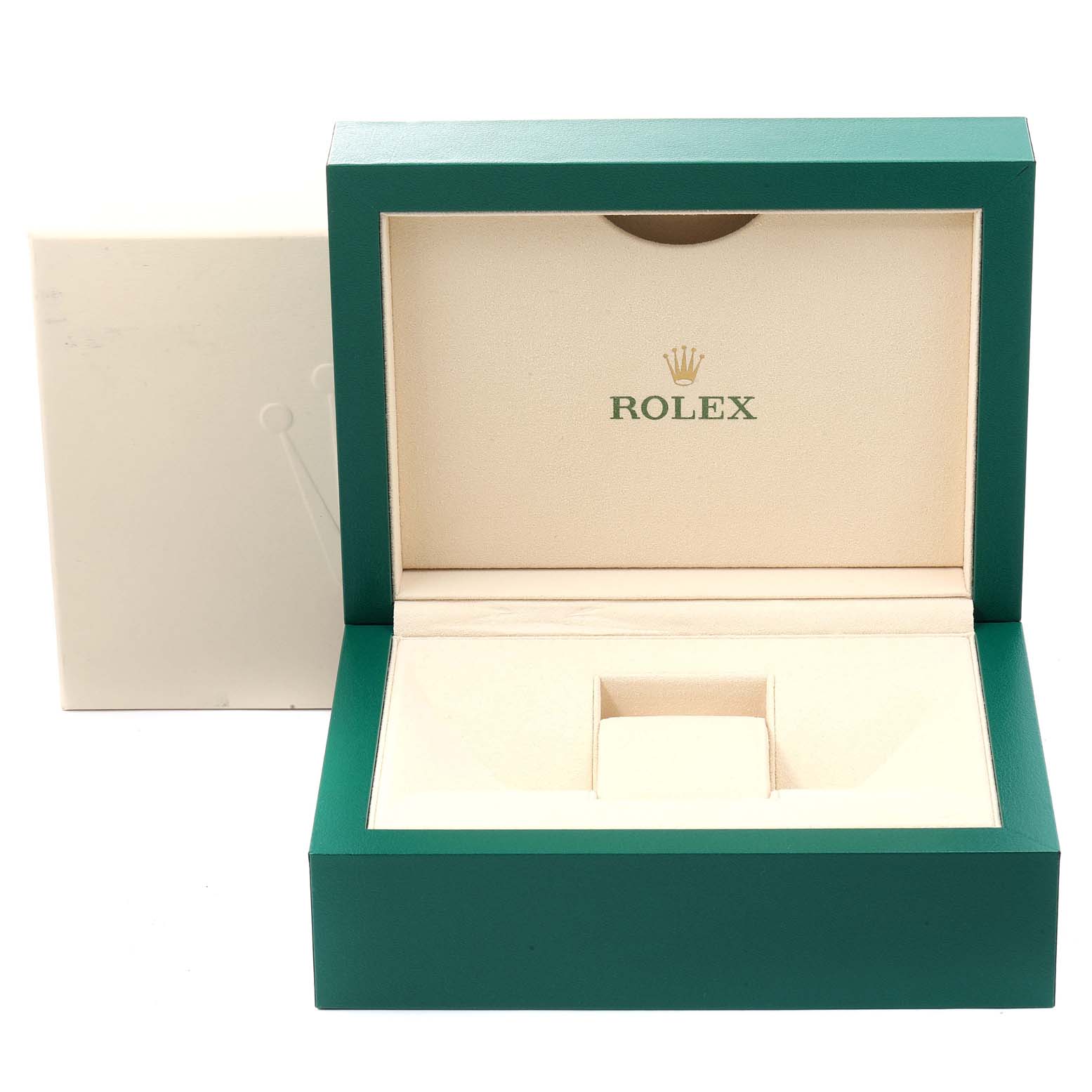 The image shows an open green and beige Rolex box, likely for a Rolex Daytona 116518 Men's Yellow Gold Blue Dial 116518 Men's Yellow Gold Blue Dial watch, with the brand logo on the inside lid.