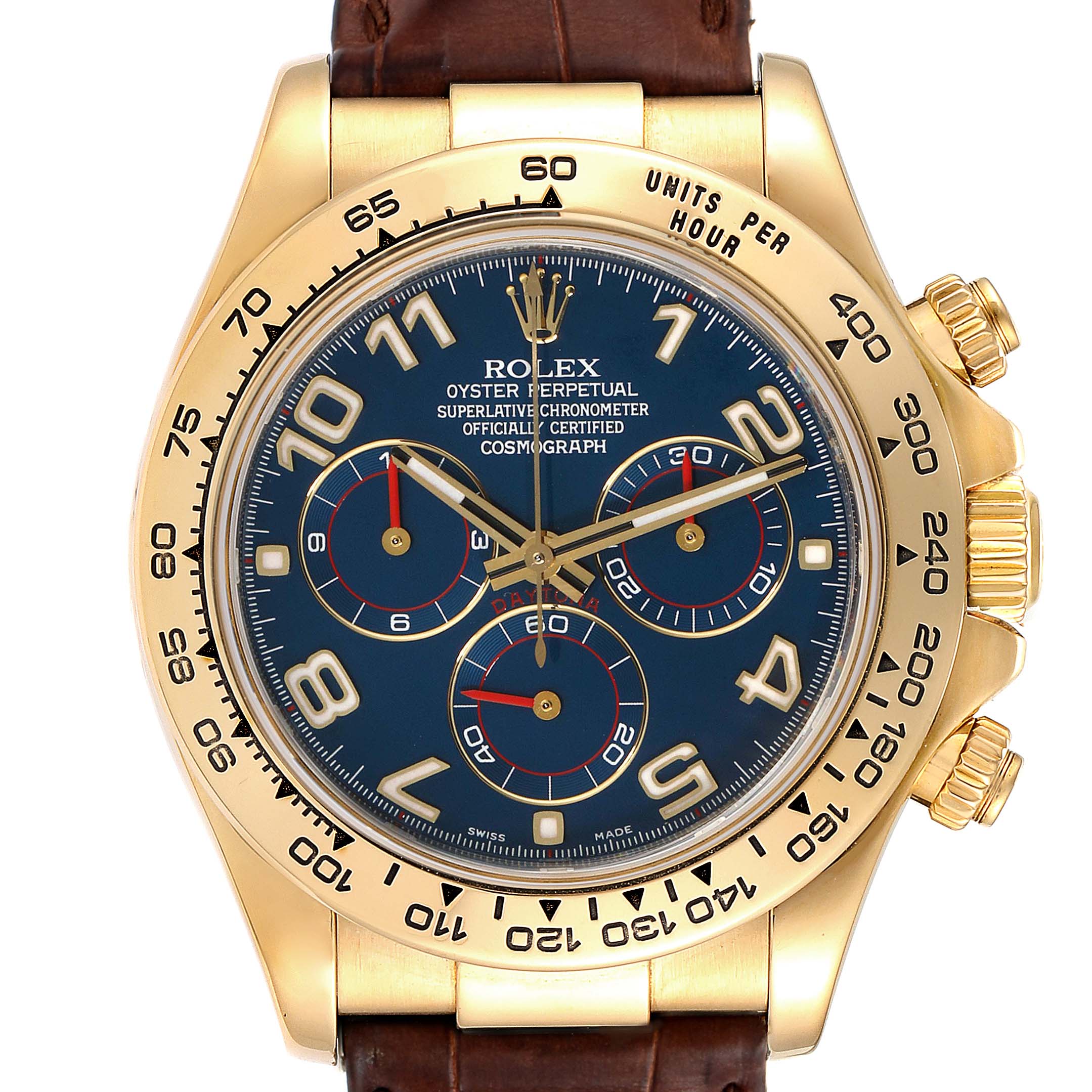 The image shows a close-up, front-facing view of the Rolex Daytona 116518 Men's Yellow Gold Blue Dial 116518 Men's Yellow Gold Blue Dial watch, highlighting the face, bezel, and crown.