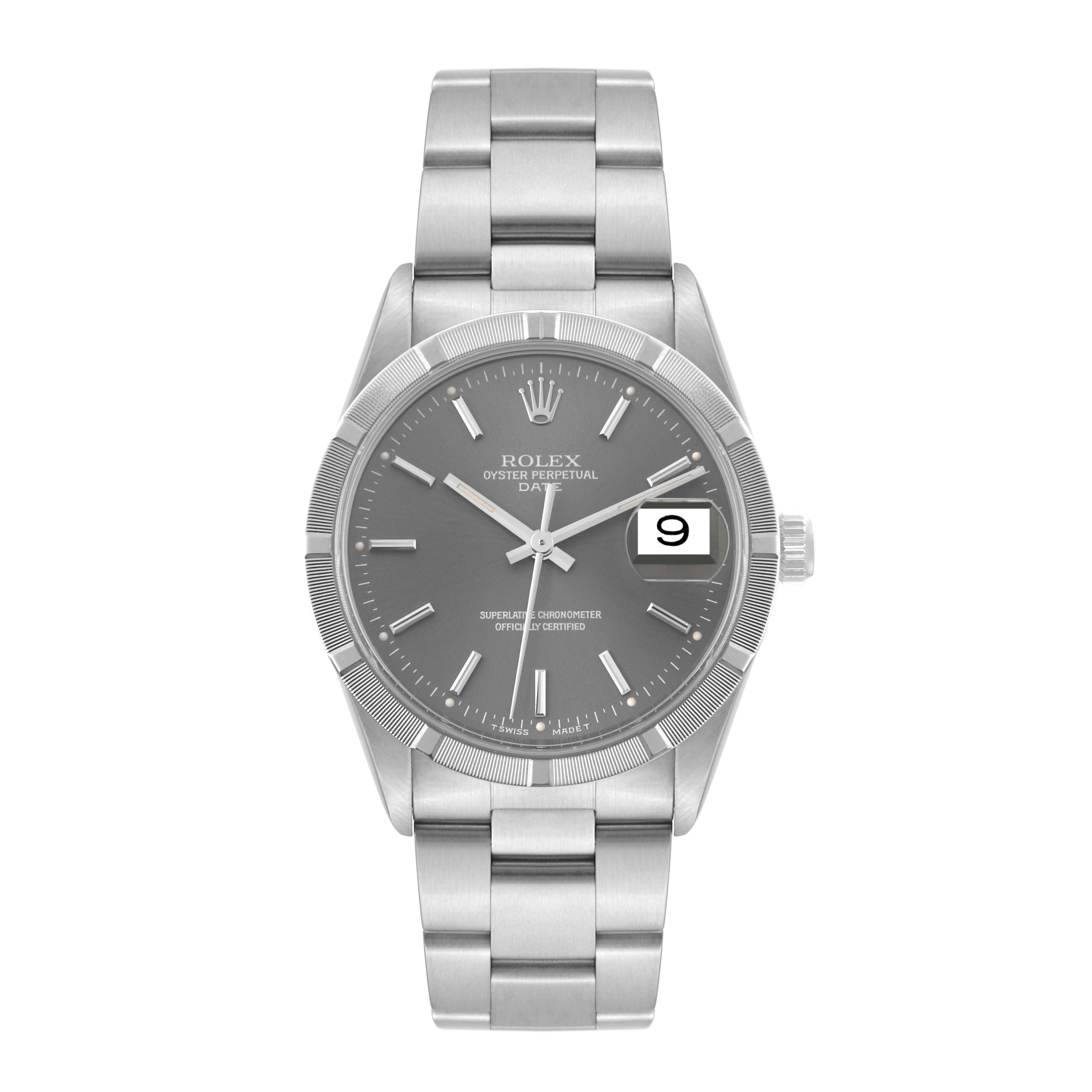 The image shows a front view of a Rolex Date 15210 Men
s Stainless Steel Grey Dial 15210 Men
s Stainless Steel Grey Dial model watch, including the dial, bezel, case, and bracelet.