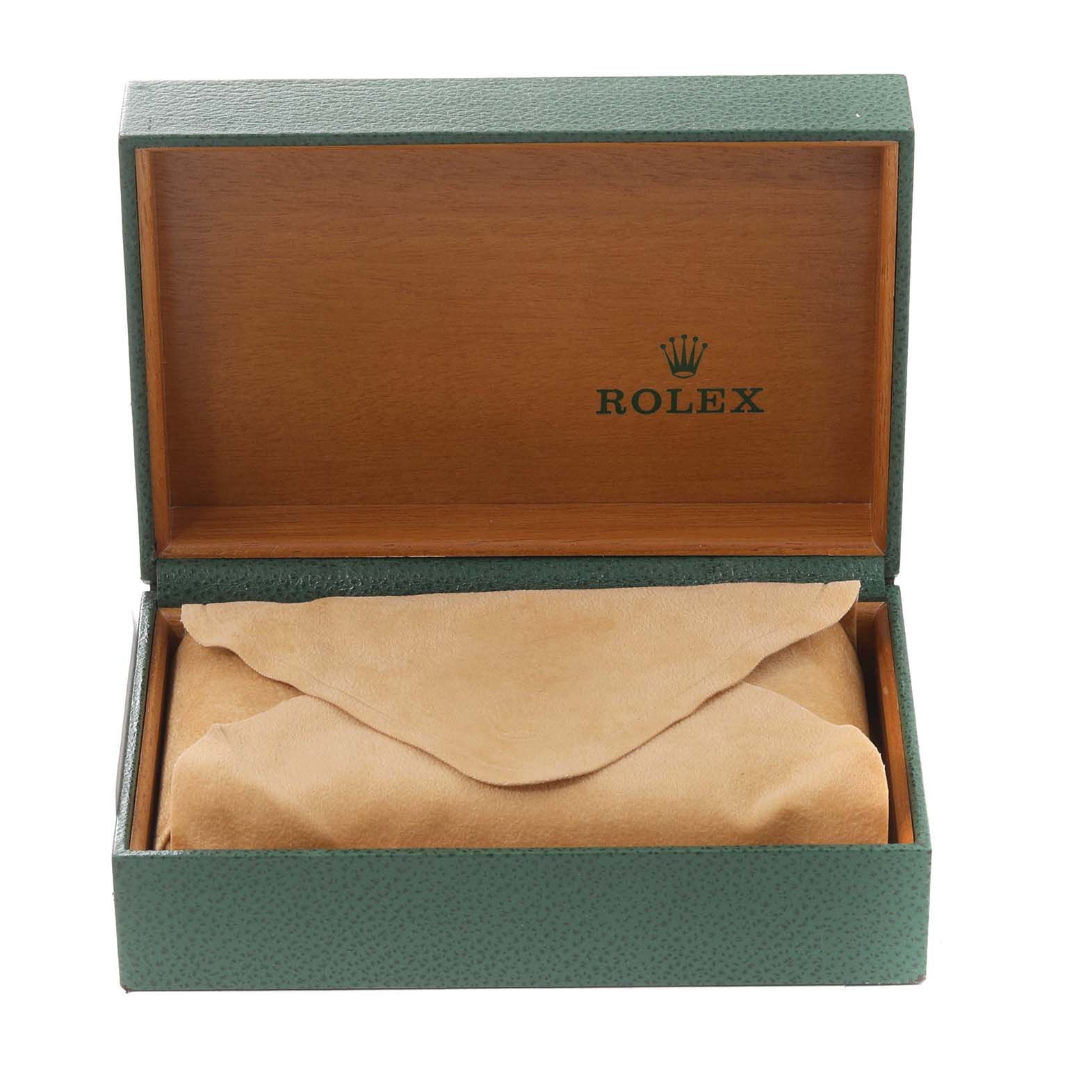 This image shows an open Rolex box with a beige protective covering, intended for a Rolex Date 15210 Men
s Stainless Steel Grey Dial 15210 Men
s Stainless Steel Grey Dial model watch.