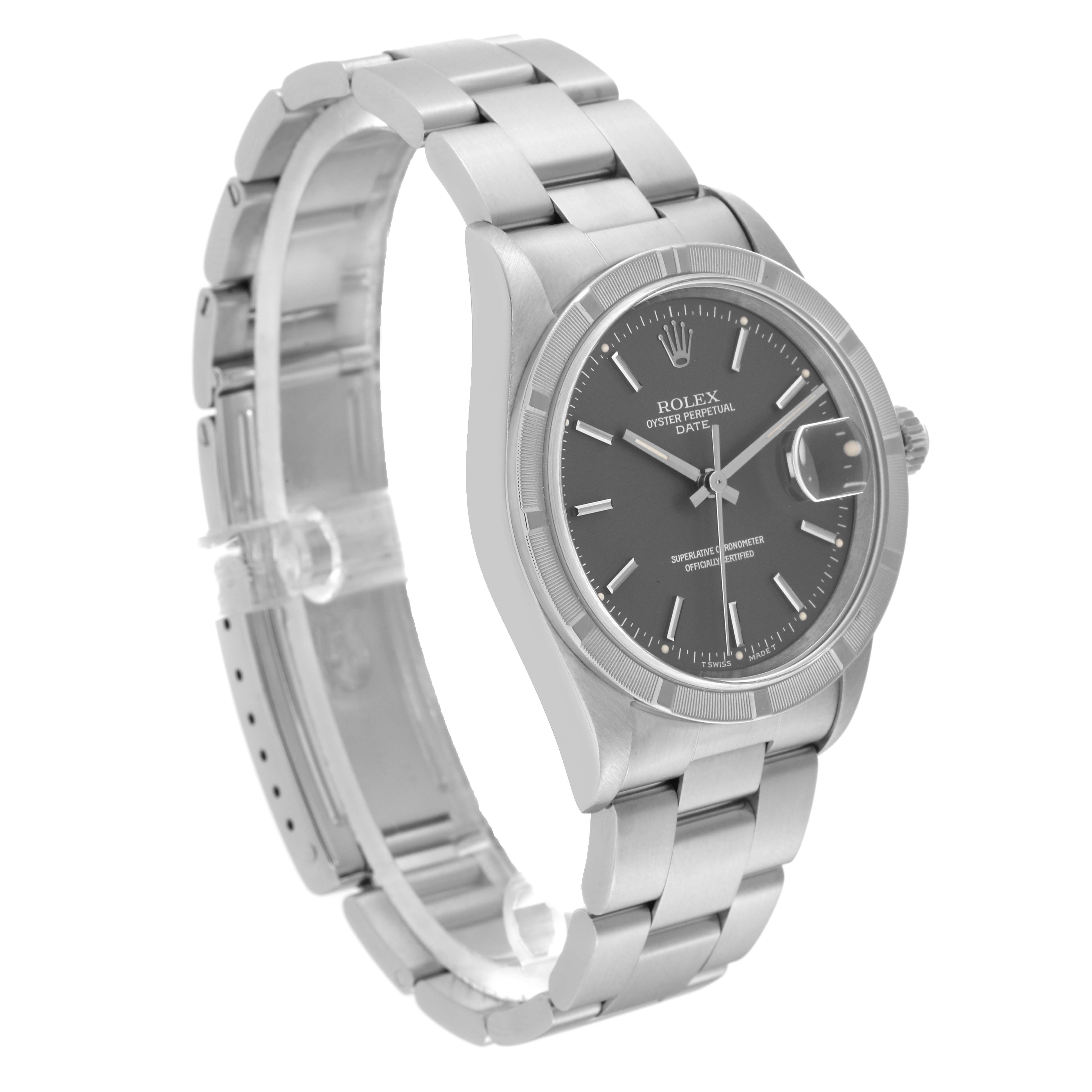 The Rolex Date 15210 Men
s Stainless Steel Grey Dial 15210 Men
s Stainless Steel Grey Dial model watch is shown at a 3/4 angle, highlighting the bracelet, case, and face.