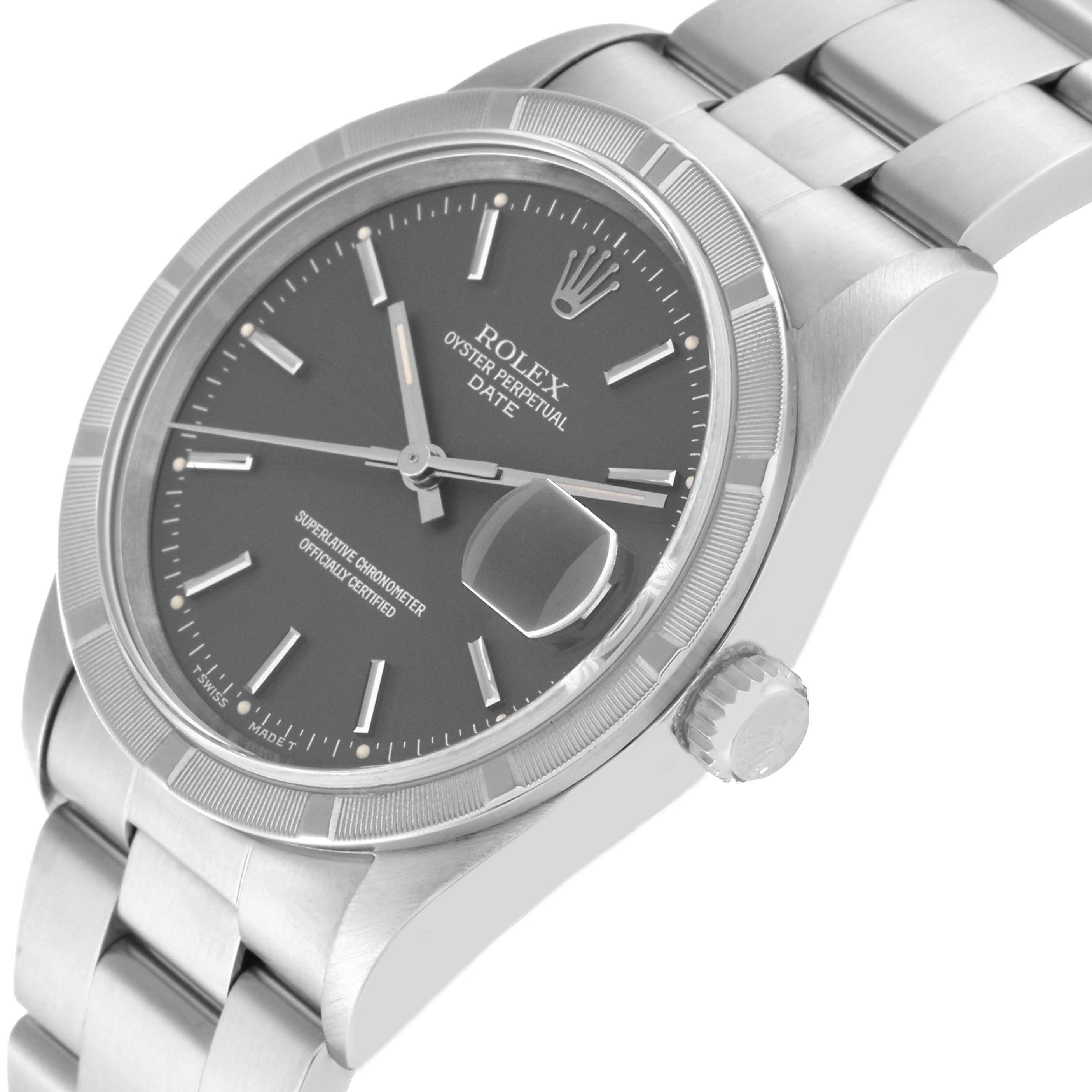 The image shows a close-up angled view of a Rolex Oyster Perpetual Date watch, highlighting its face, bezel, crown, and bracelet.