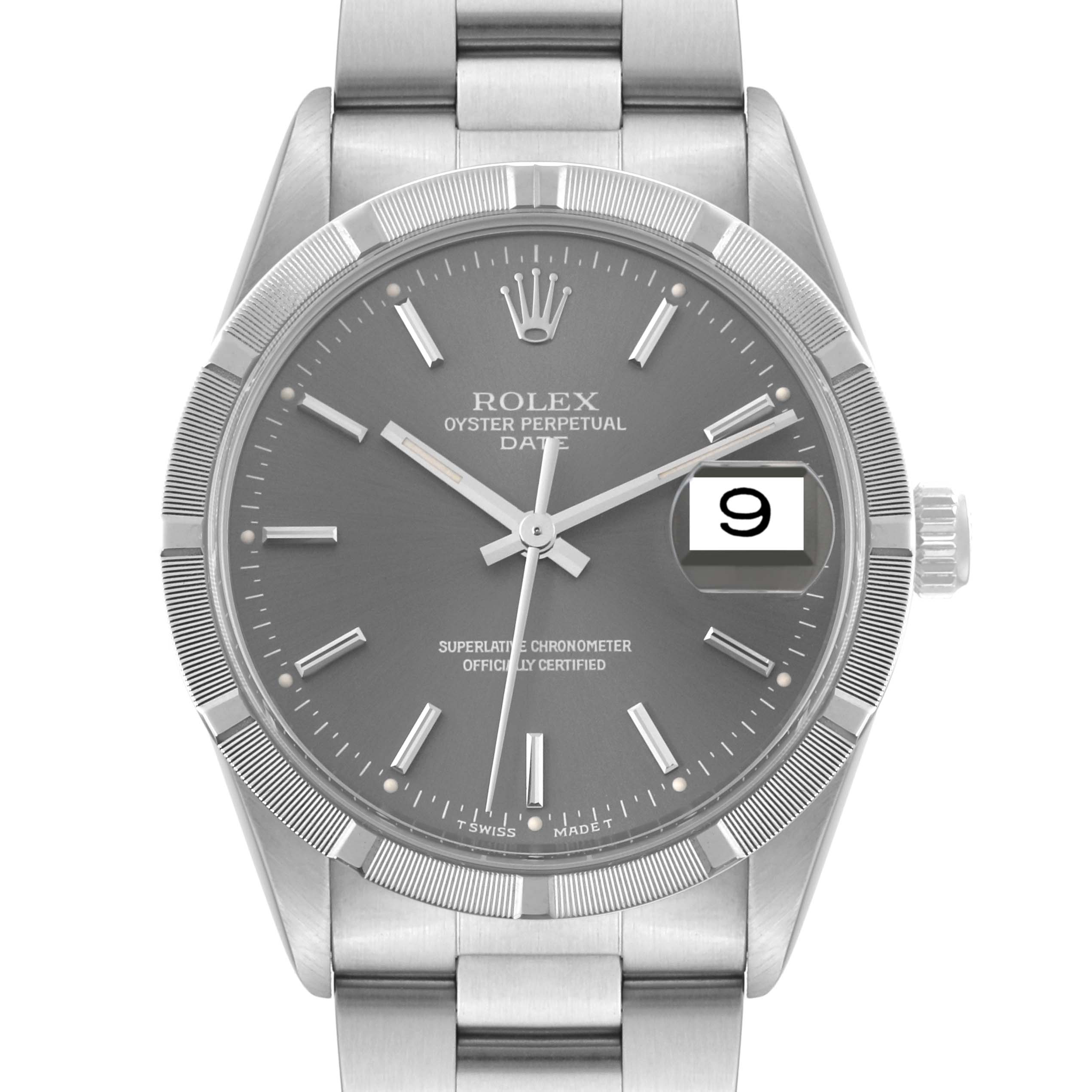 The image shows a front view of a Rolex Oyster Perpetual Date watch, highlighting the dial, hands, and bracelet.