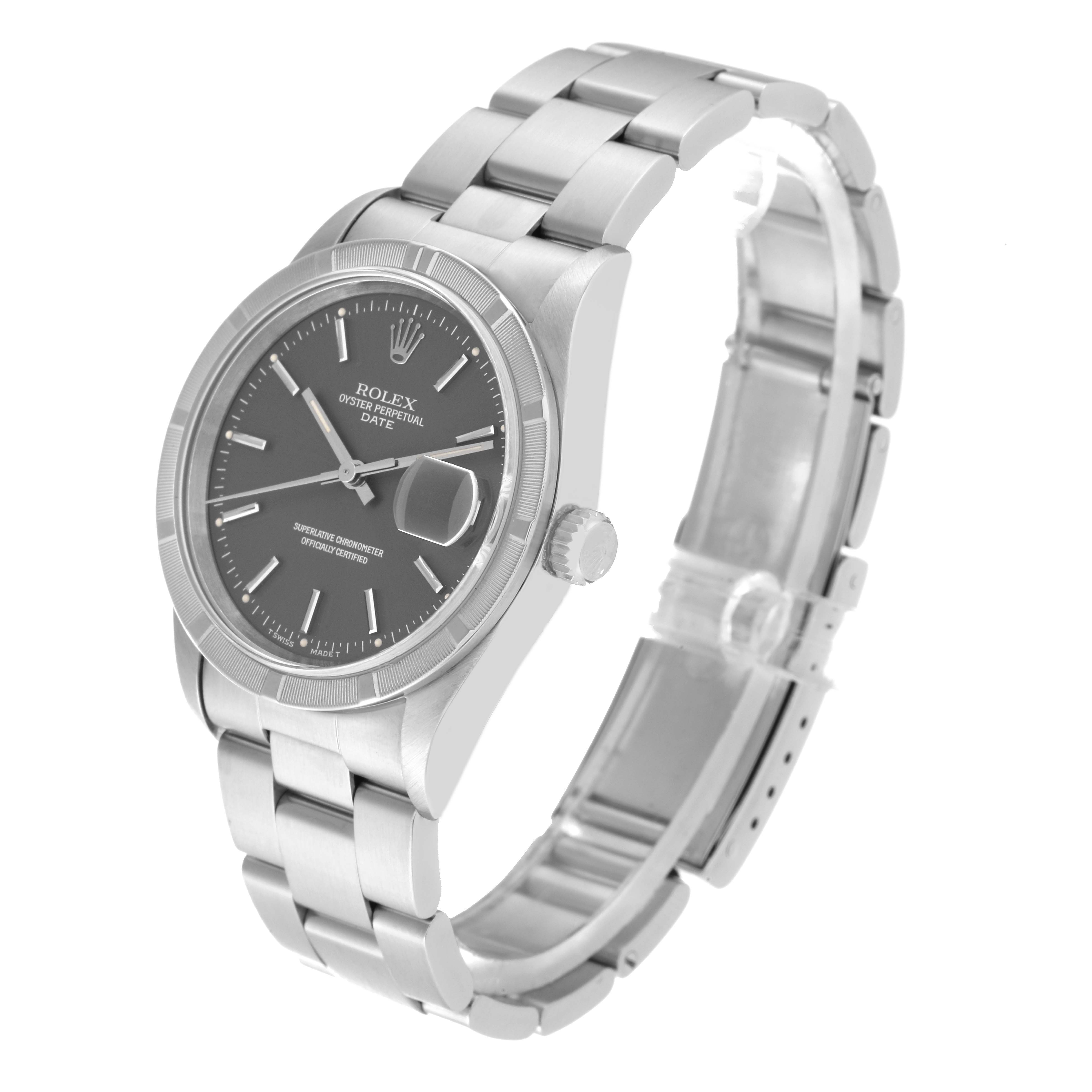 The image shows a Rolex Date 15210 Men
s Stainless Steel Grey Dial 15210 Men
s Stainless Steel Grey Dial model watch at a three-quarter angle, displaying its face, bezel, crown, and bracelet.