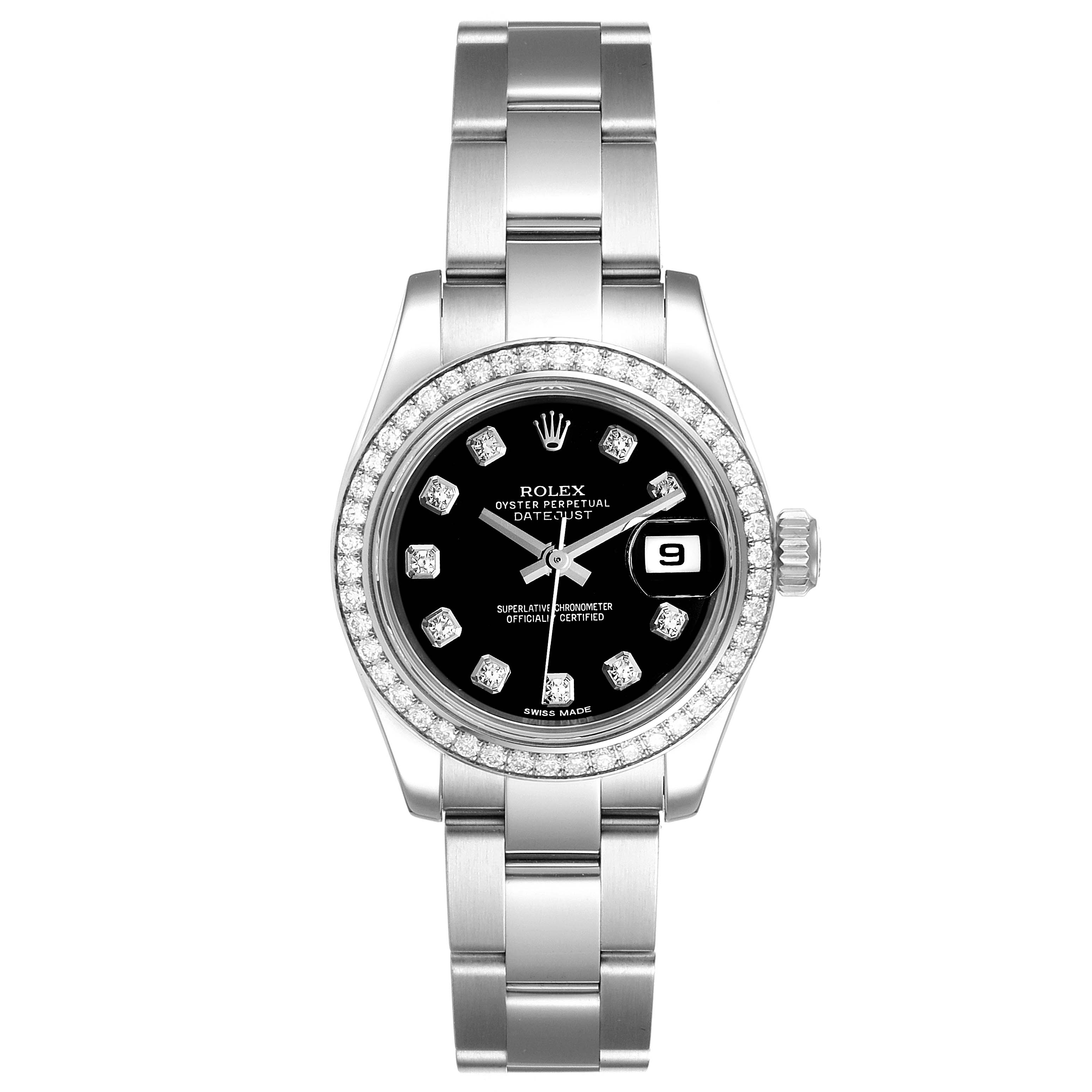 The image shows a front view of the Rolex Datejust 179384 Women's Stainless Steel Black Dial 179384 Women's Stainless Steel Black Dial watch, displaying its face, bezel, and bracelet.